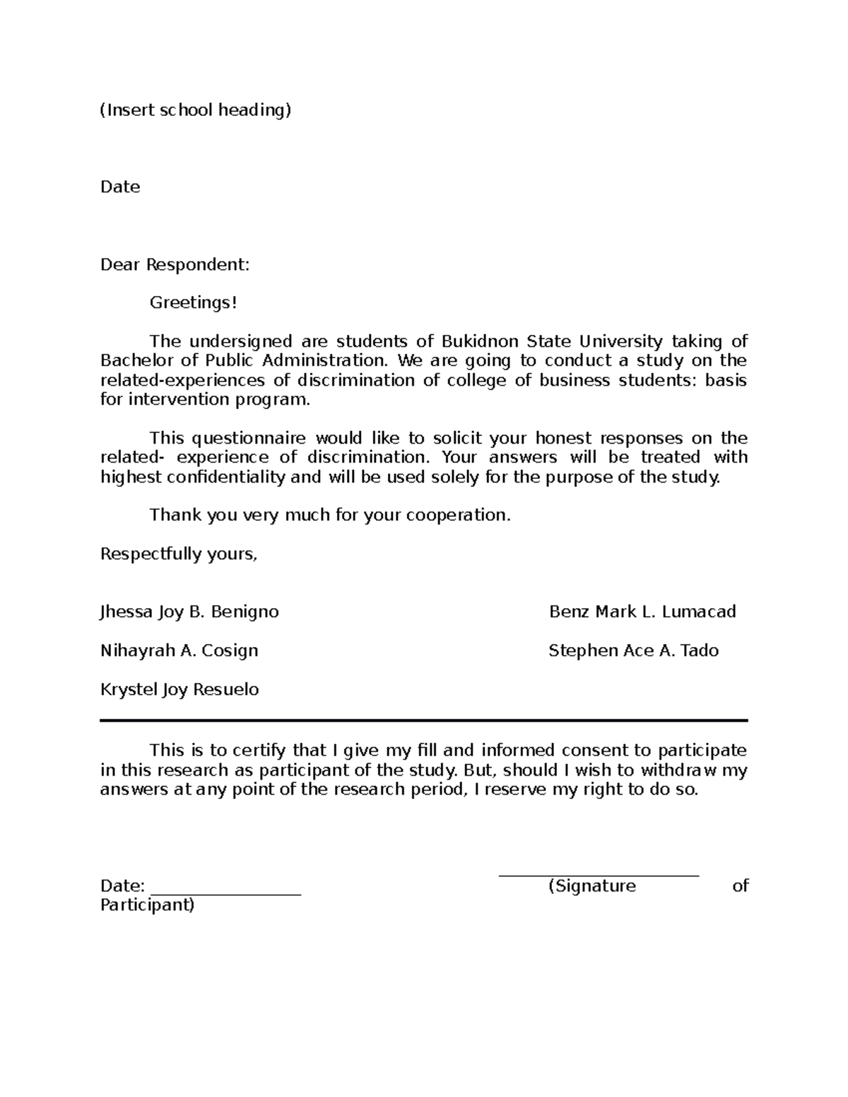 Sample Research Letter FOR Participants - (Insert school heading) Date ...