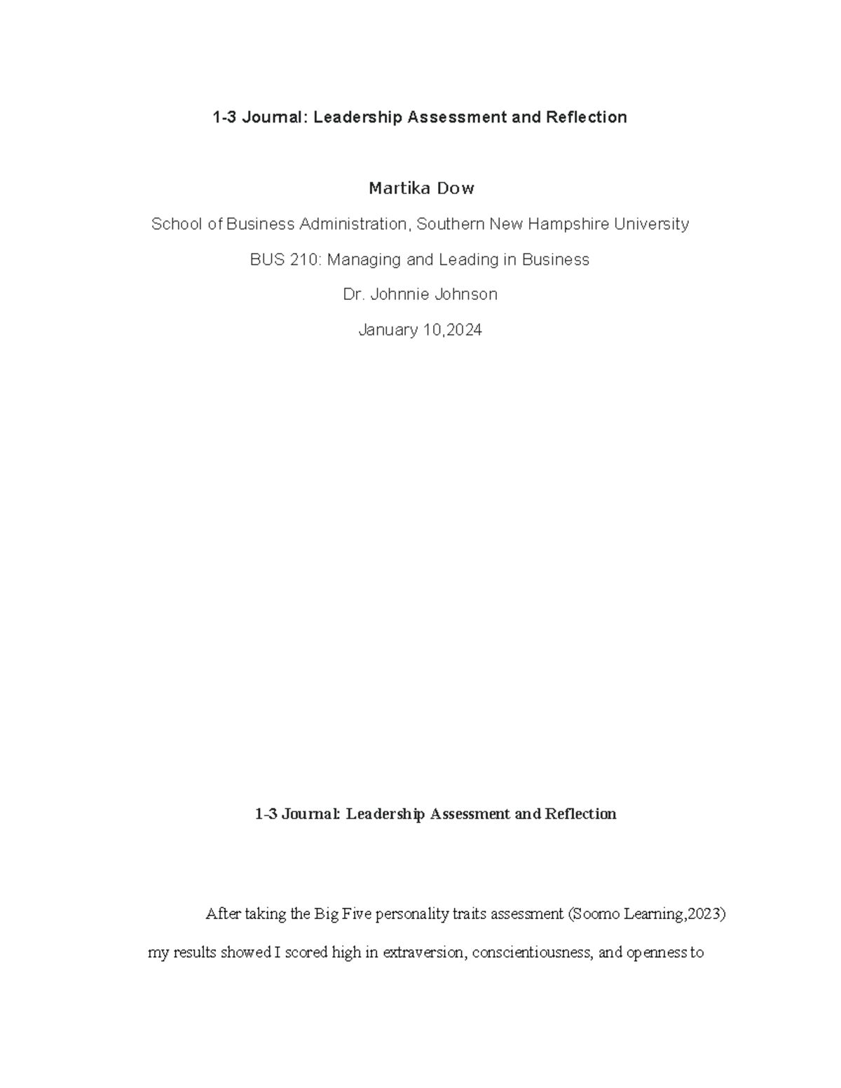 1-3 Journal copy - 1-3 Journal: Leadership Assessment and Reflection ...