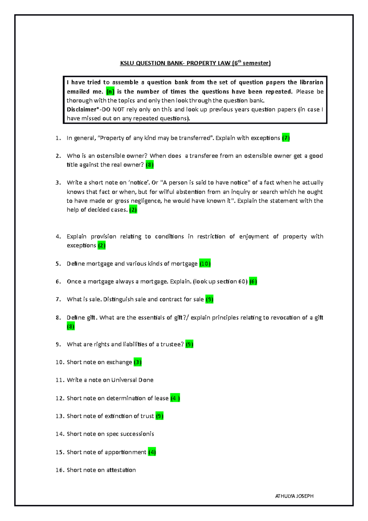 Property law questions KSLU QUESTION BANK PROPERTY LAW (6th semester