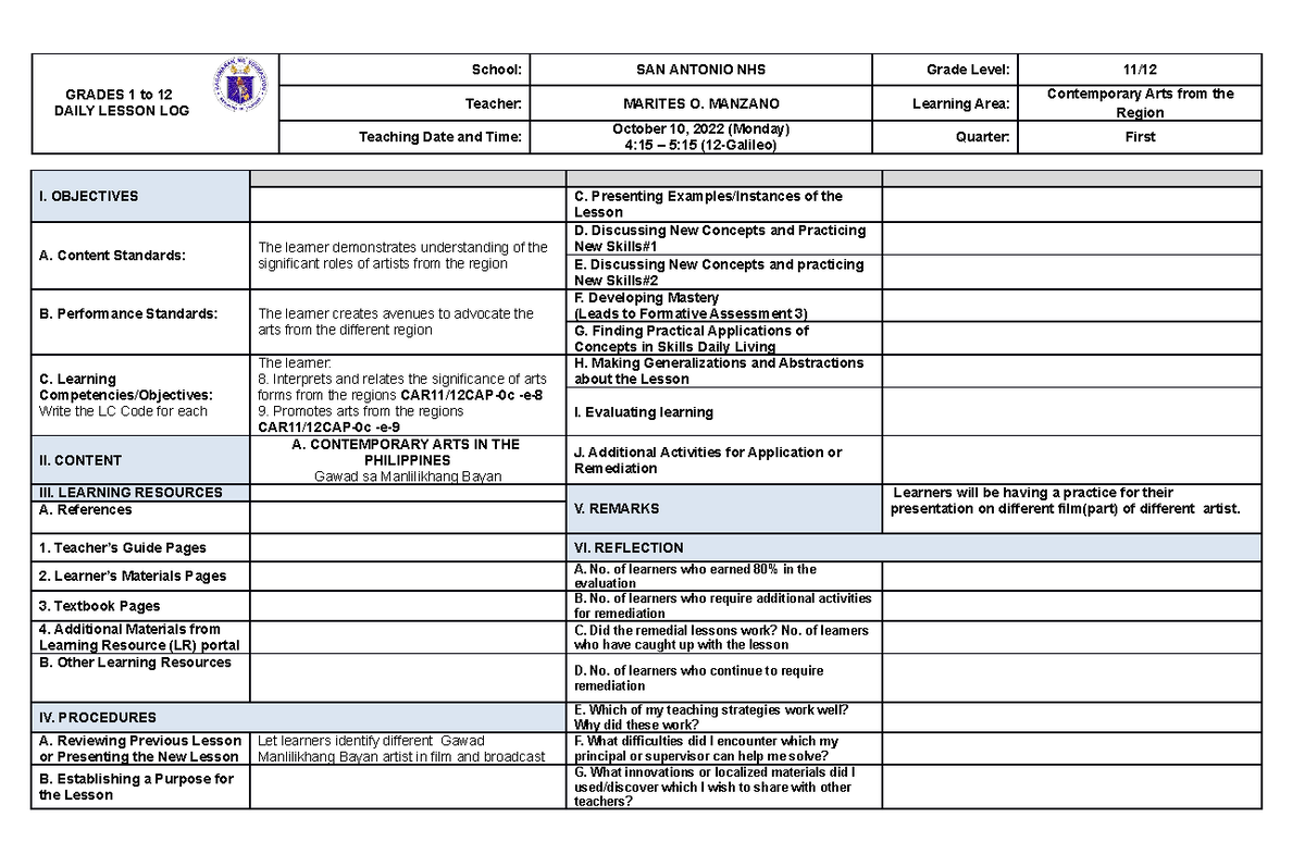 Week 7 Contemorary Arts - GRADES 1 to 12 DAILY LESSON LOG Teacher ...