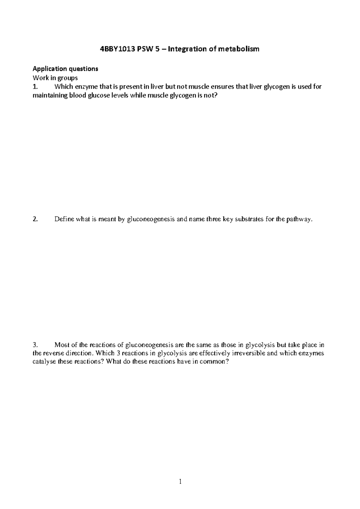 4BBY1013 PSW5 Integration Of Metabolism Applicaton Questions - 1 ...