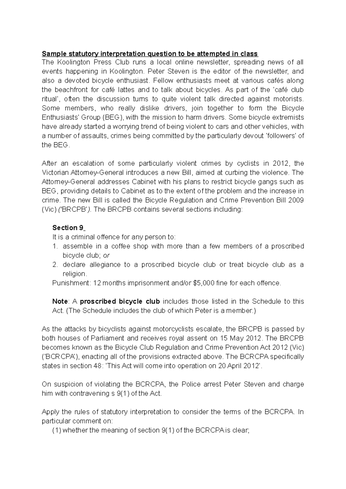 Sample/practice exam 2019, questions Sample statutory interpretation