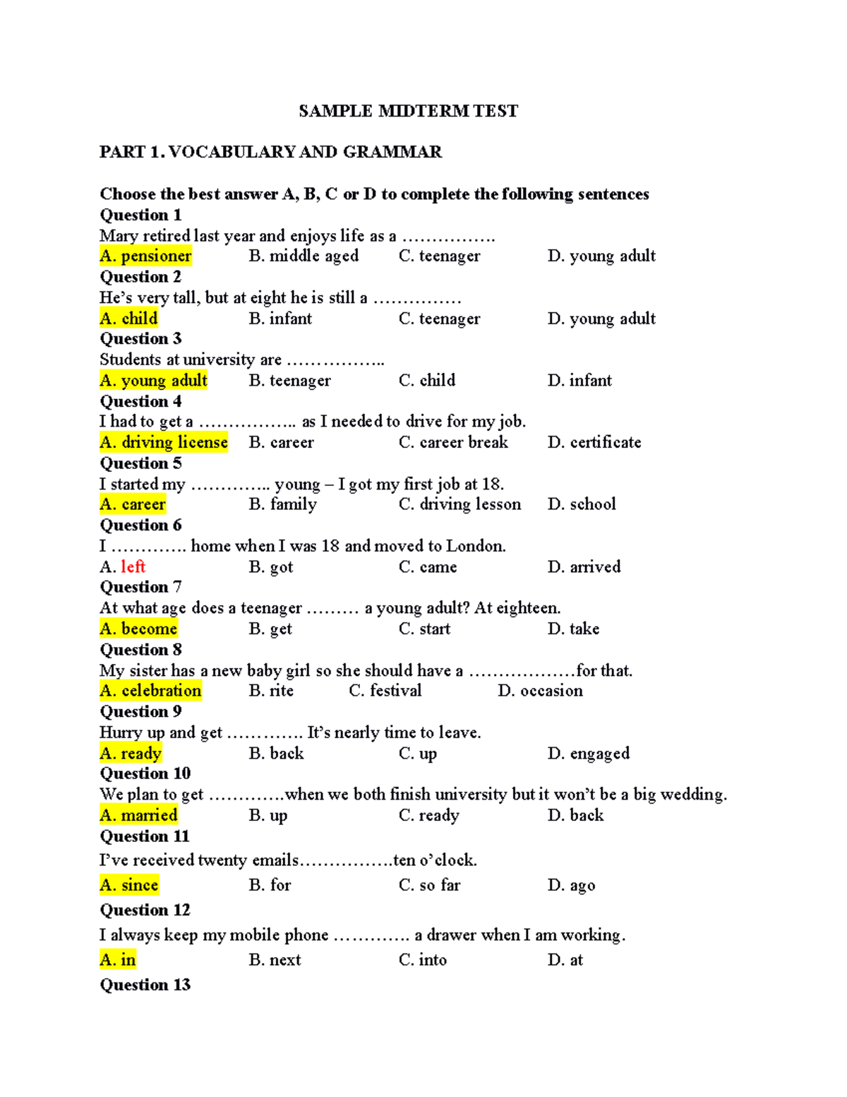 Sample Midterm TEST HP2 LẦN 1 - SAMPLE MIDTERM TEST PART 1. VOCABULARY ...