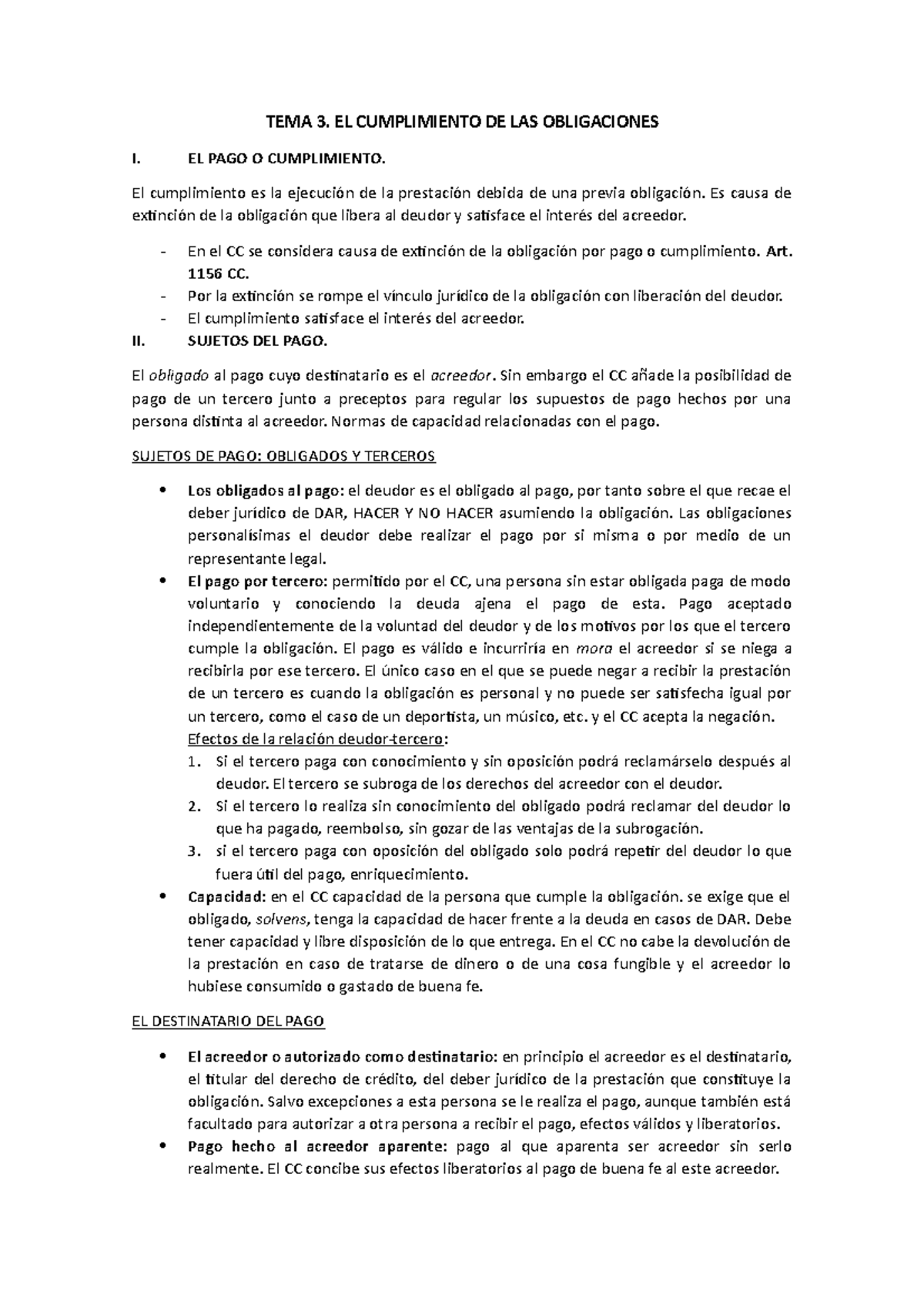TEMA 3-IMP - TEMA 3. EL CUMPLIMIENTO DE LAS OBLIGACIONES I. EL PAGO O ...