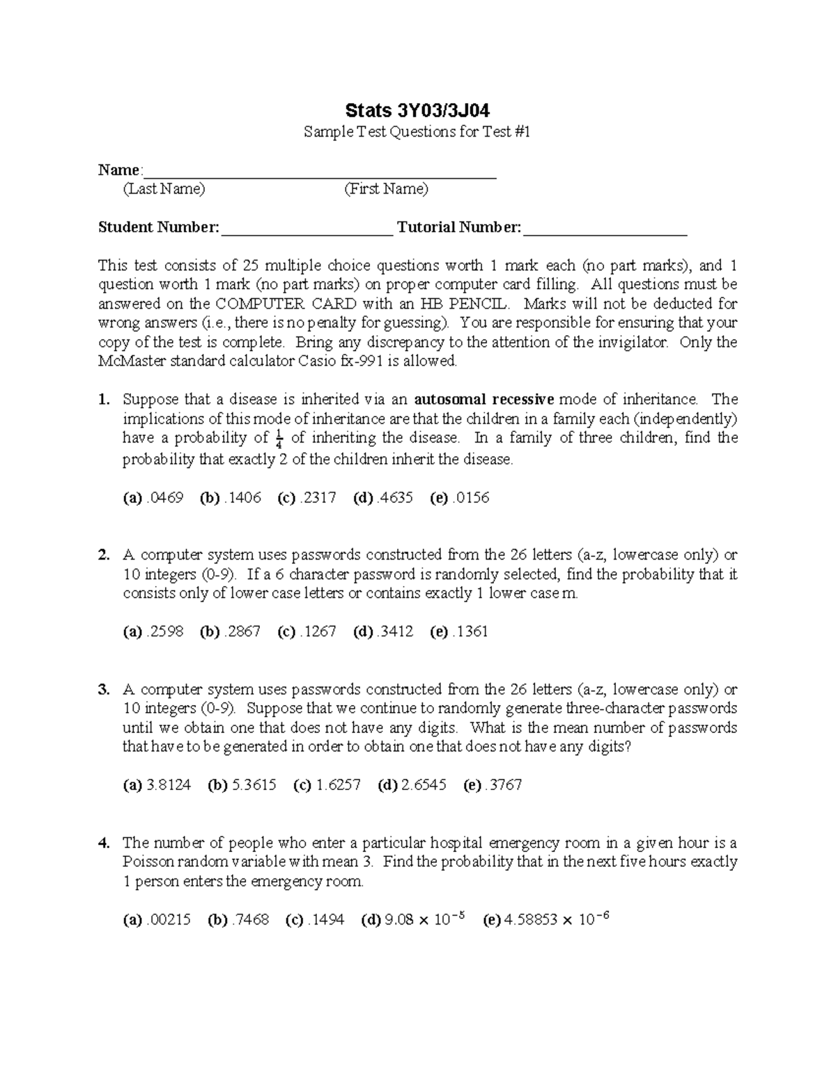 practice exam 2 - Stats 3Y03/3J Sample Test Questions for Test # - Studocu