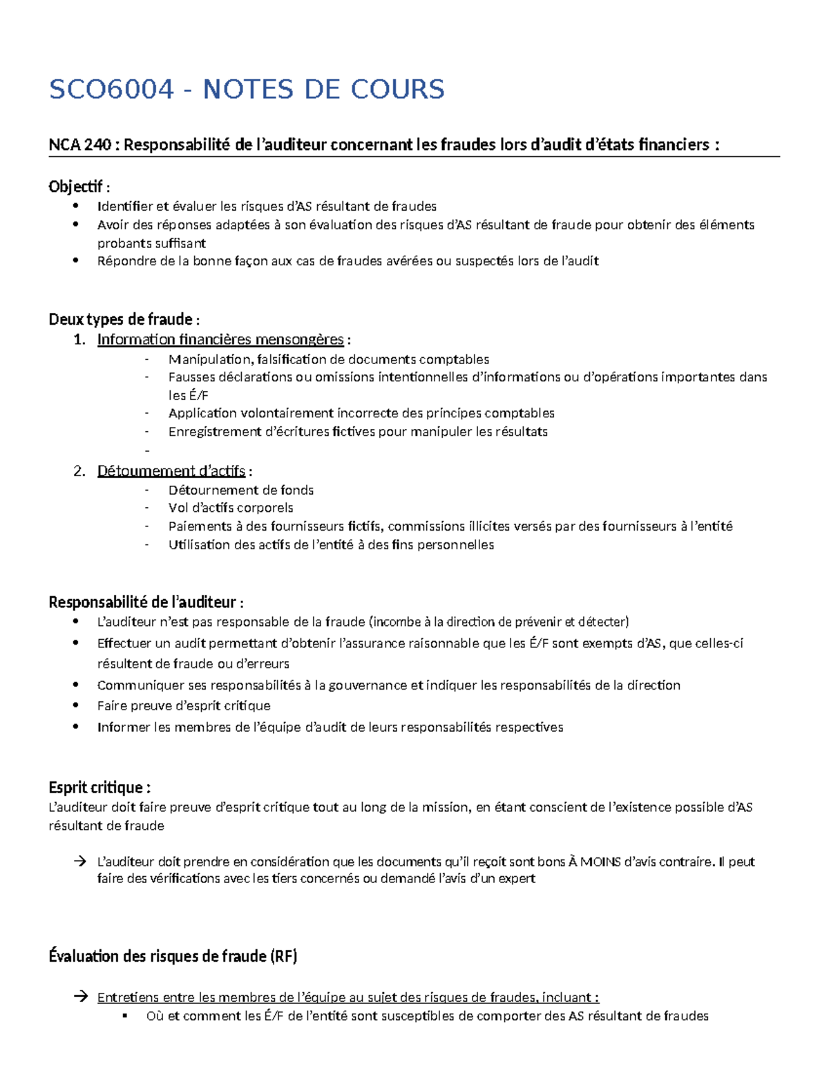 SCO6004 - notes de cours - SCO6004 - NOTES DE COURS NCA 240 ...