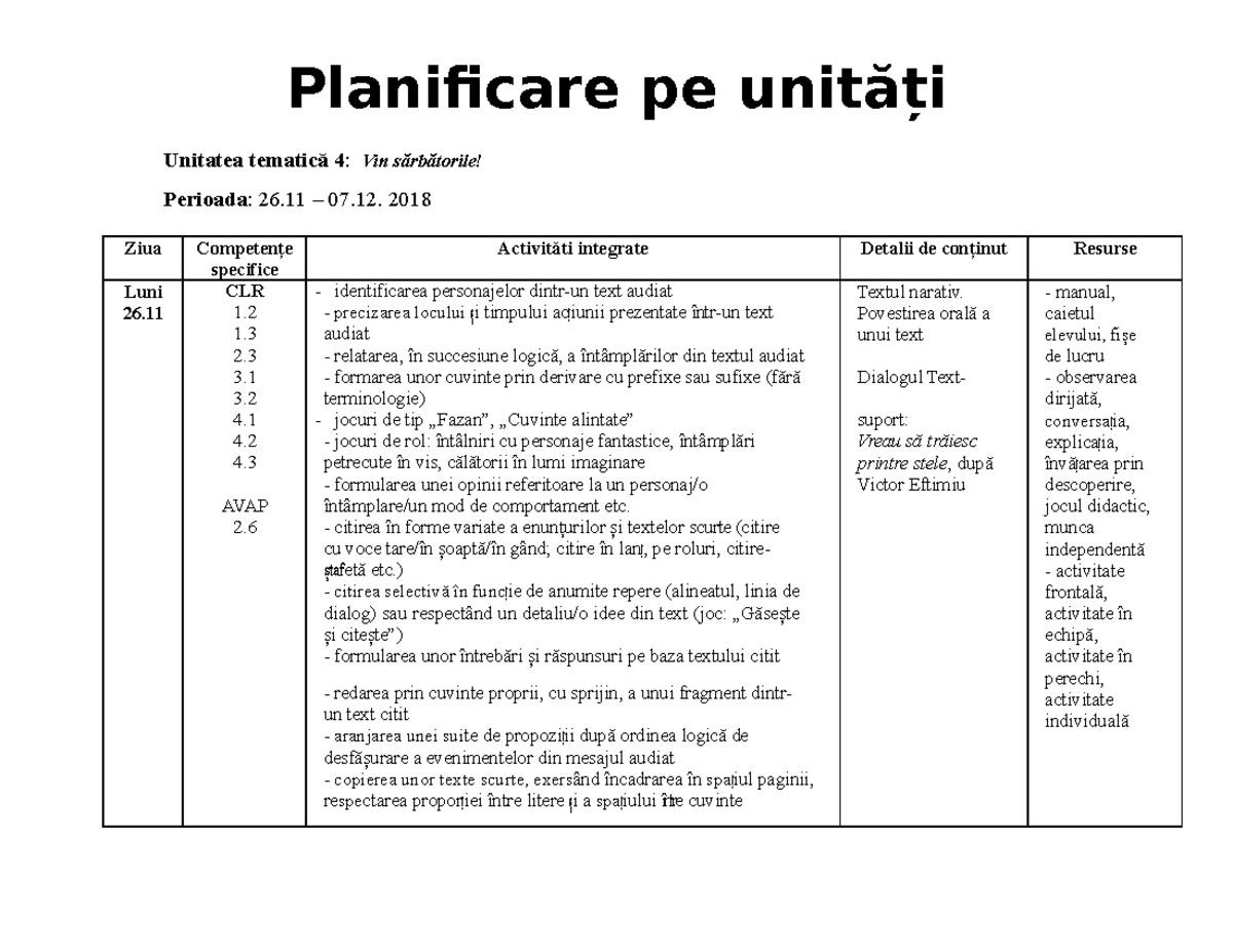 Planificare U4 Clasa A 2 A - Unitatea Tematică 4: Vin Sărbătorile ...