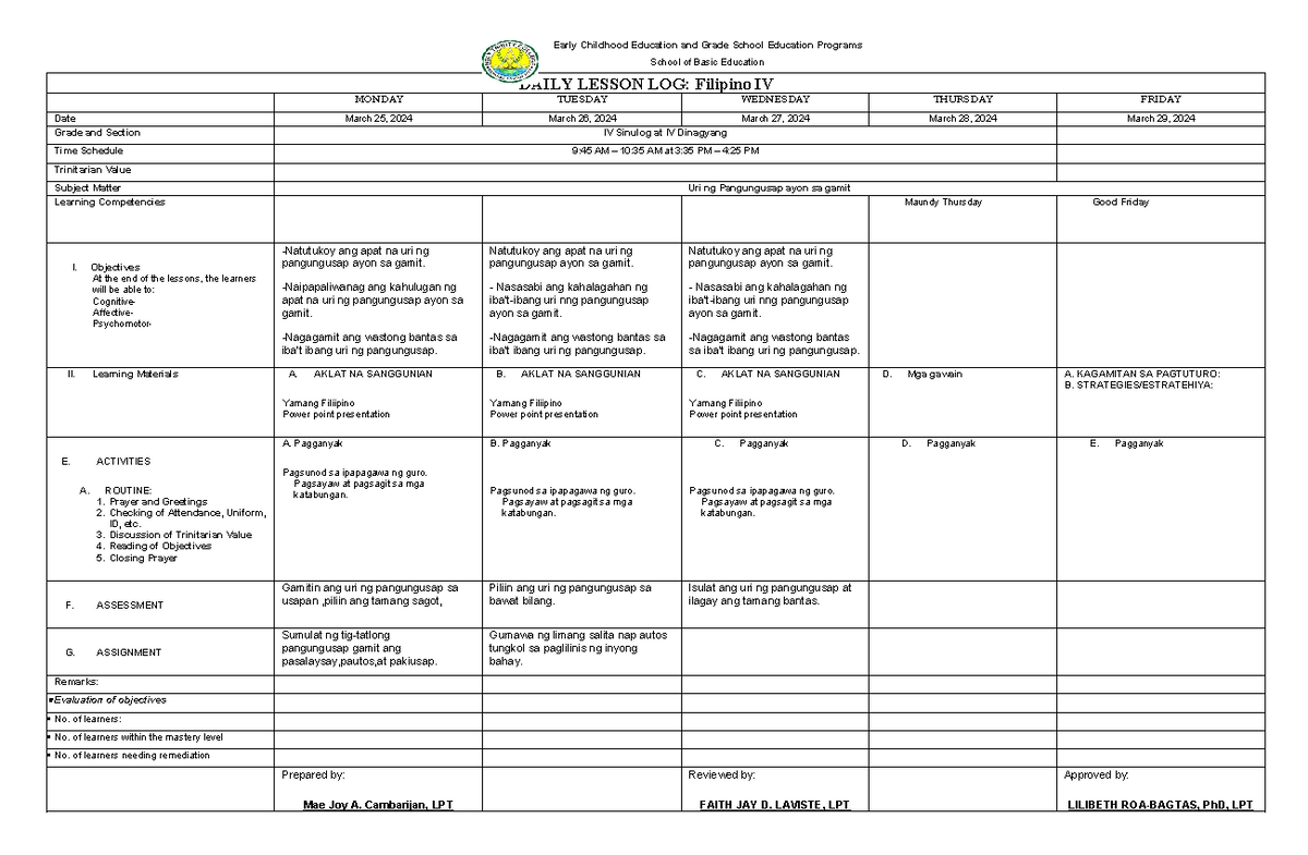Filipino IV March 25-29 - Early Childhood Education and Grade School ...