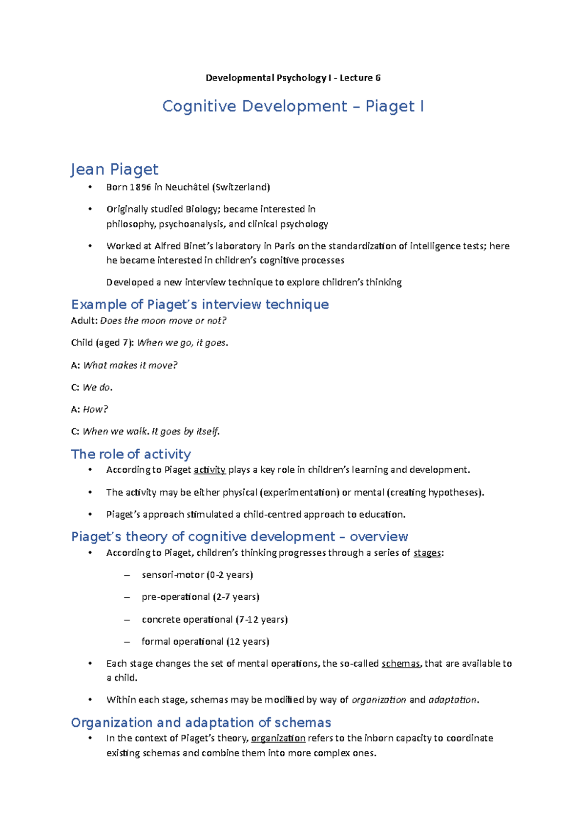 Lecture 6 - Cognitive development – Piaget I - Developmental Psychology ...