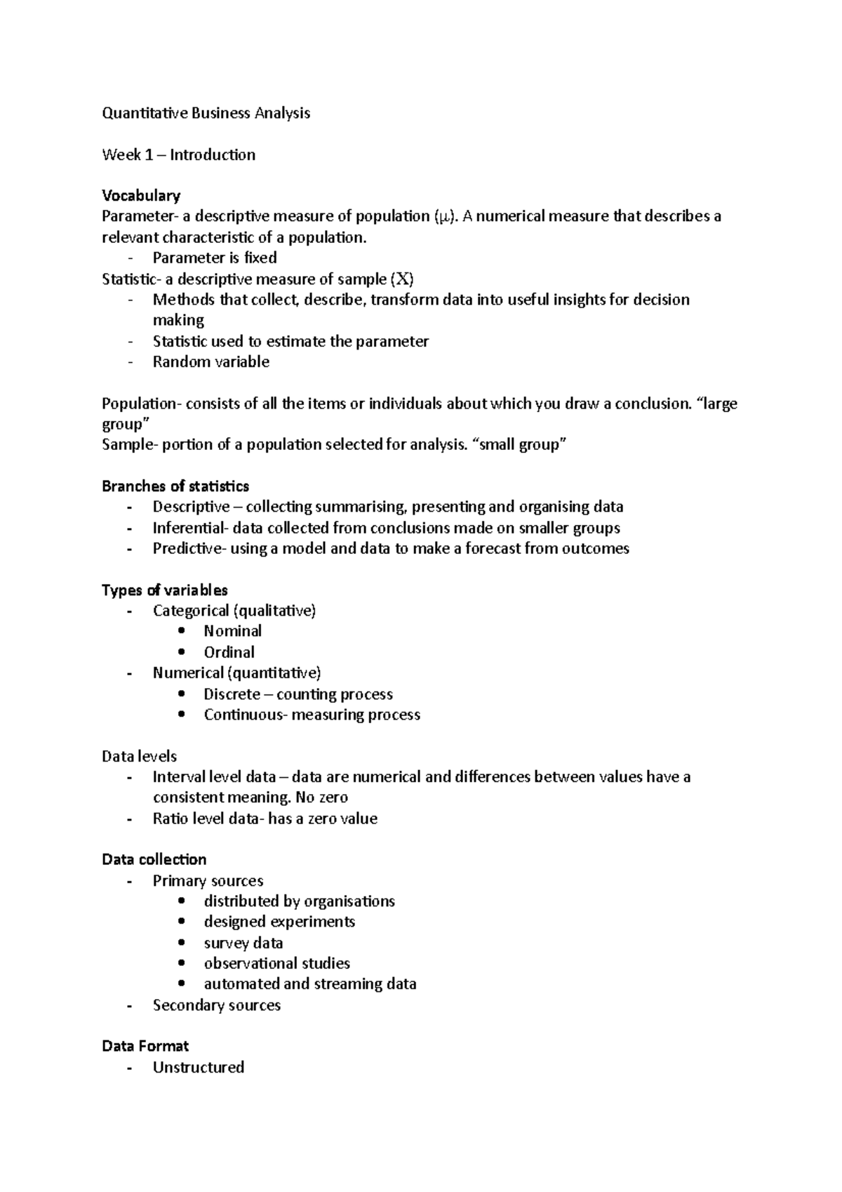 Quantitative Business Analysis buss 1020 - Quantitative Business ...