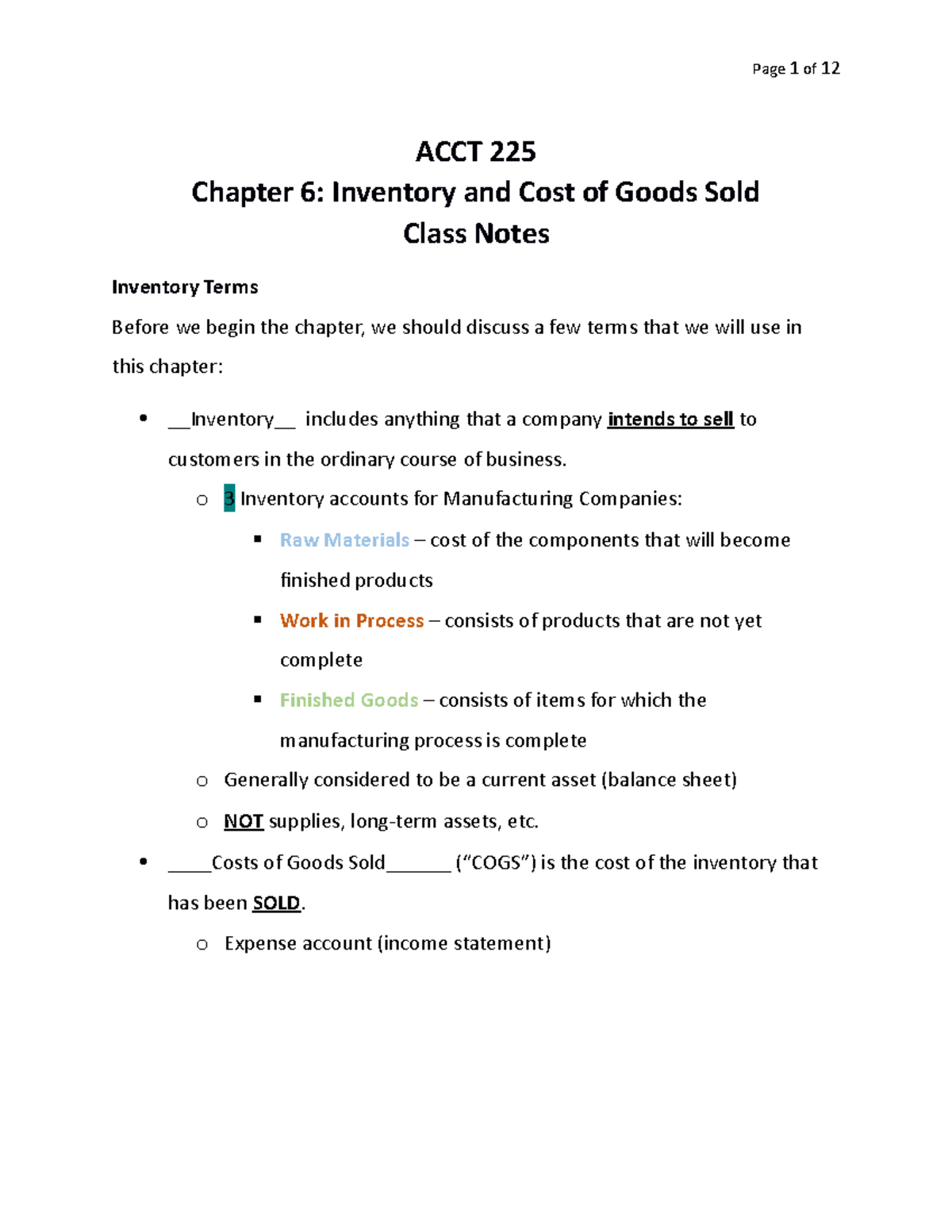 6. ACCT 225 Chapter 6 Class Notes - ACCT 225 Chapter 6: Inventory And ...