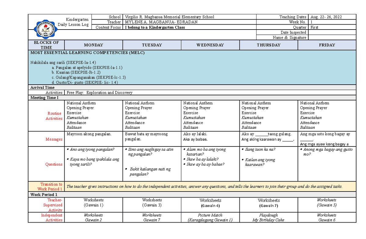 MELC DLL WEEK 1 - TEACHER - Kindergarten Daily Lesson Log School ...