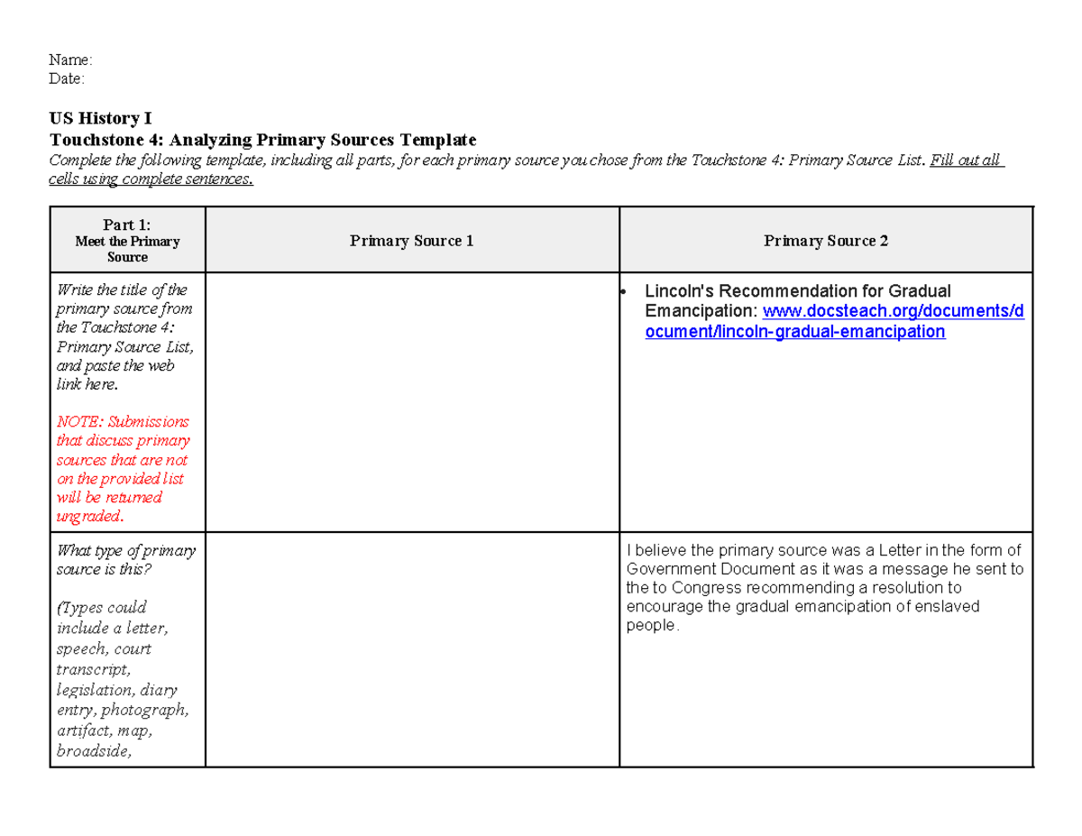 US History I Touchstone 4 Template - Name: Date: US History I ...