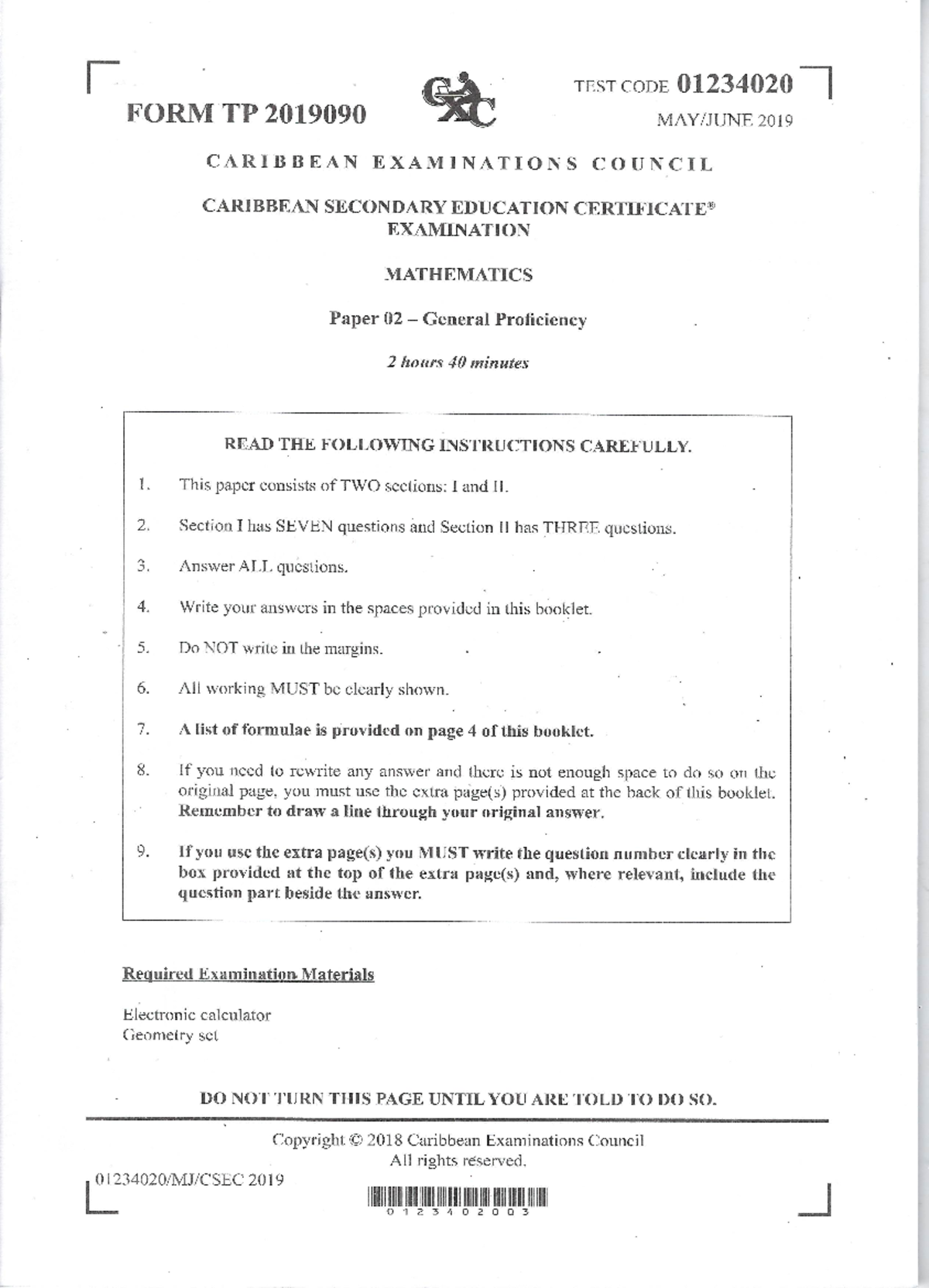 Mathematics may 2019 - Questions - Csec mathematics - Studocu