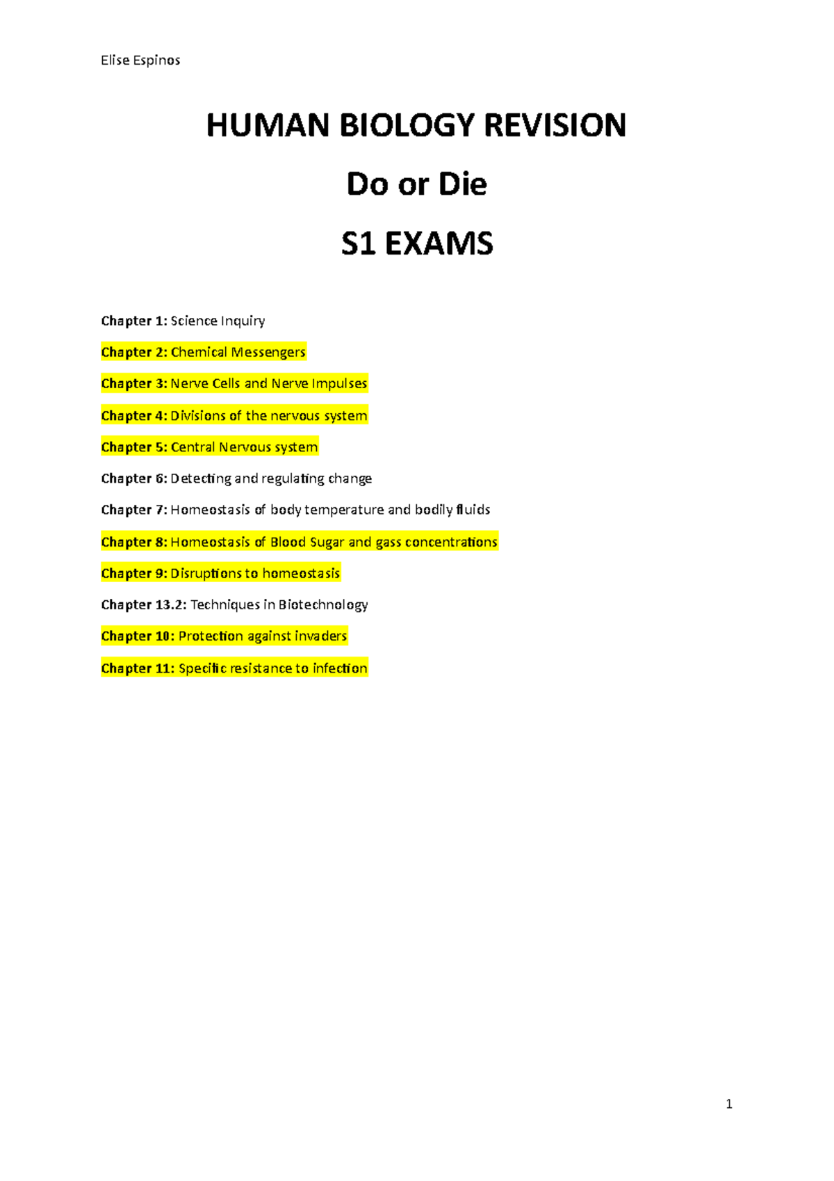 Human BIO EXAM NOTEs - HUMAN BIOLOGY REVISION Do or Die S1 EXAMS ...