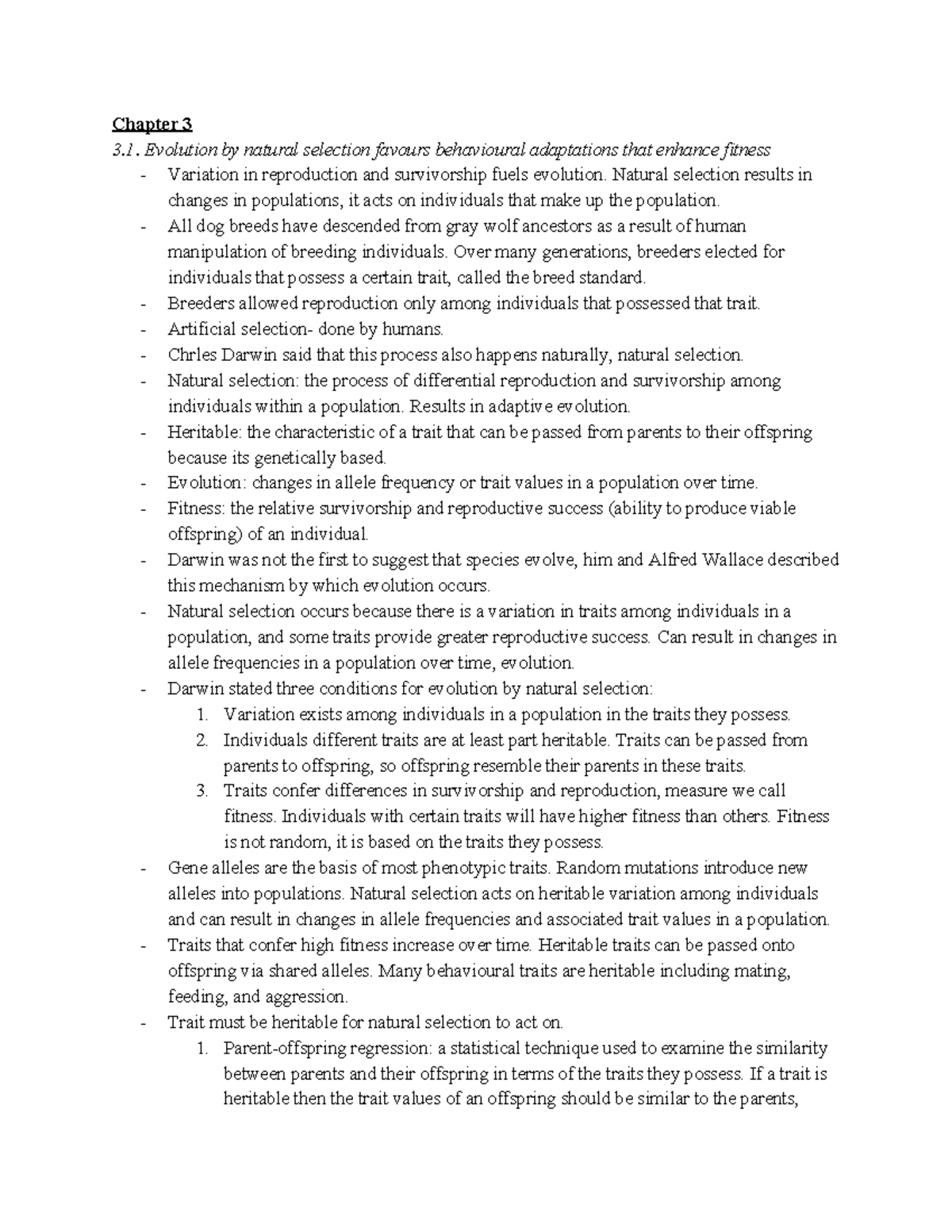 Chapter 3 Notes - Chapter 3 3. Evolution by natural selection favours ...