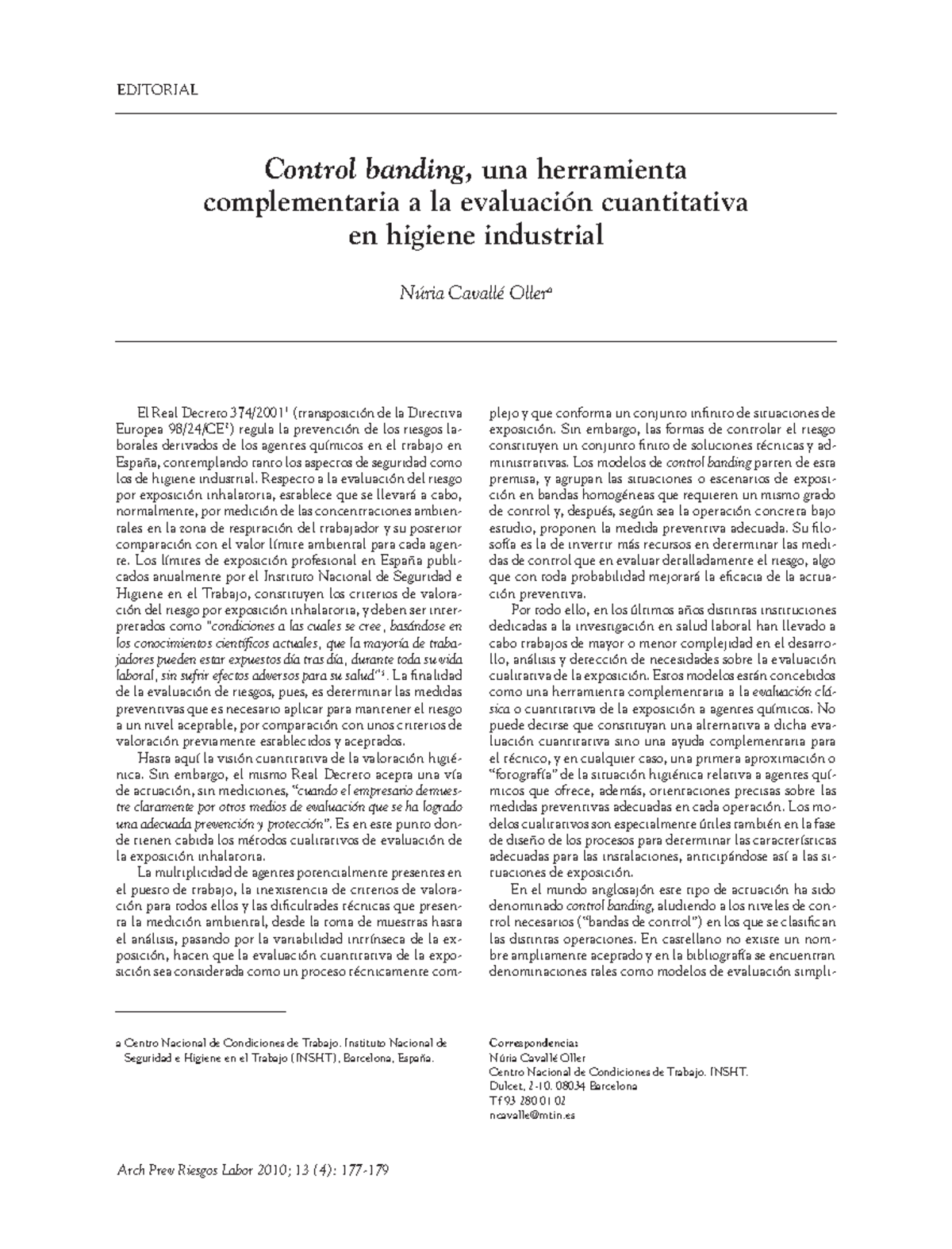 Control banding - cccc - EDITORIAL Arch Prev Riesgos Labor 2010; 13 (4 ...