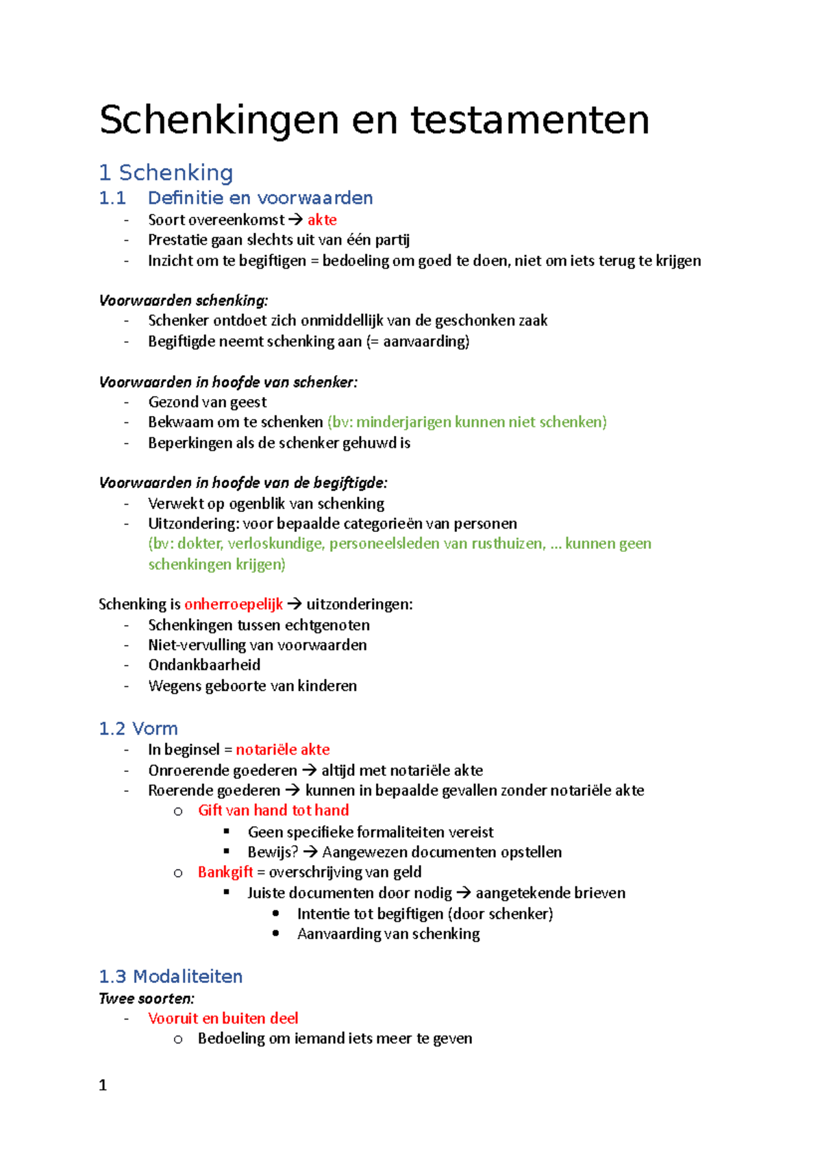 Personen en familierecht Schenkingen en testamenten samenvatting
