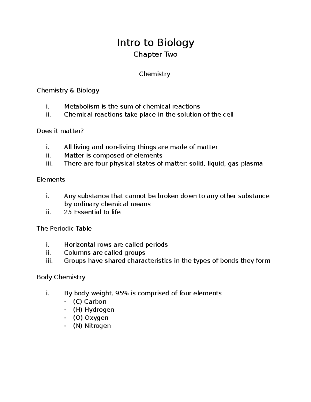 Biology 1010 - Chapter Two - Intro To Biology Chapter Two Chemistry 