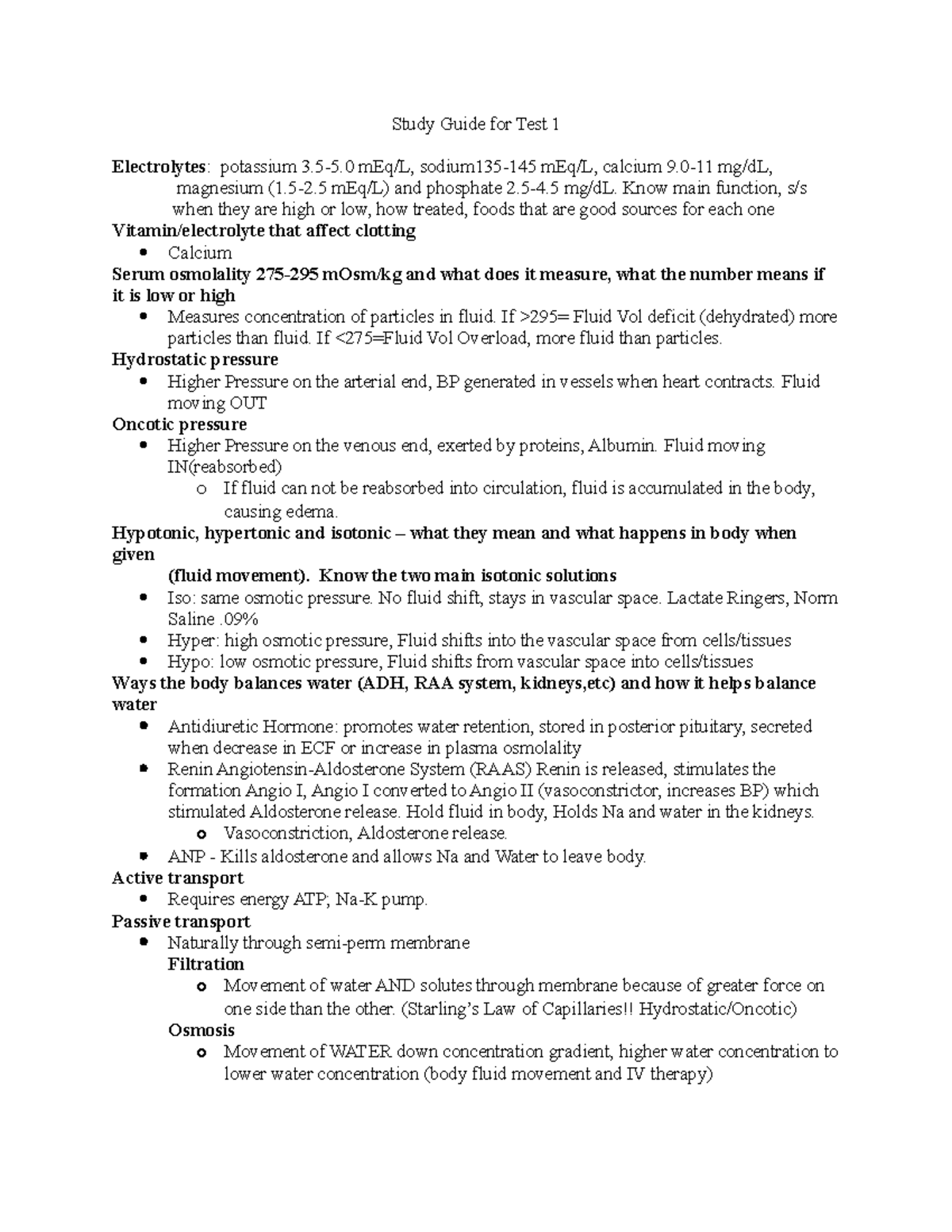Study Guide for Test 1 - Exam 1 - Study Guide for Test 1 Electrolytes ...