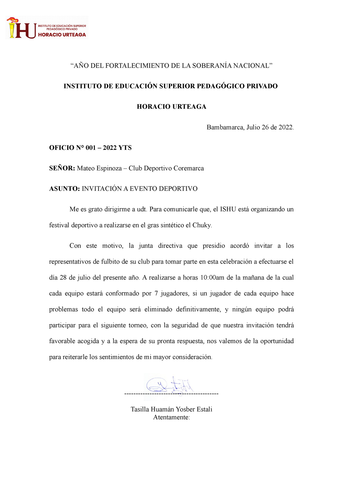 Oficio DE Invitación Deportiva - “AÑO DEL FORTALECIMIENTO DE LA SOBERANÍA  NACIONAL” INSTITUTO DE - Studocu