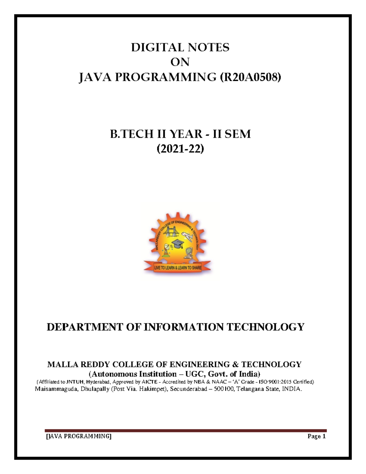 JAVA Programming - DIGITAL NOTES ON JAVA PROGRAMMING (R20A0508) B II ...