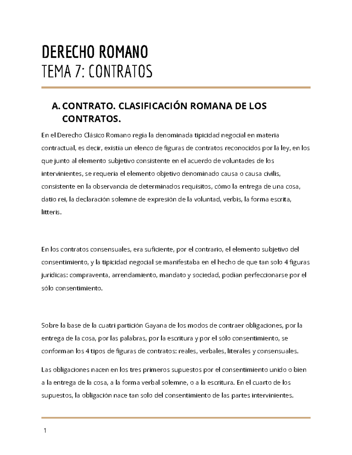 Apuntes De Clase - DERECHO ROMANO TEMA 7: CONTRATOS A. CLASIFICACIÓN ...