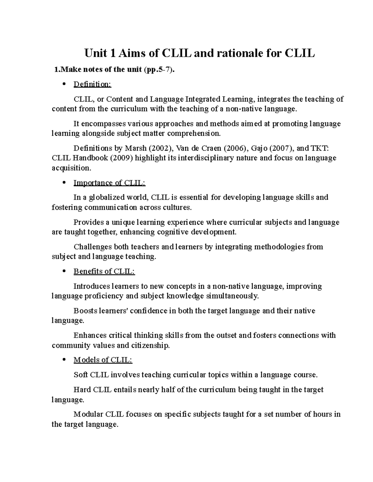 TKT Units - zrobione zadania z TKT - Unit 1 Aims of CLIL and rationale ...