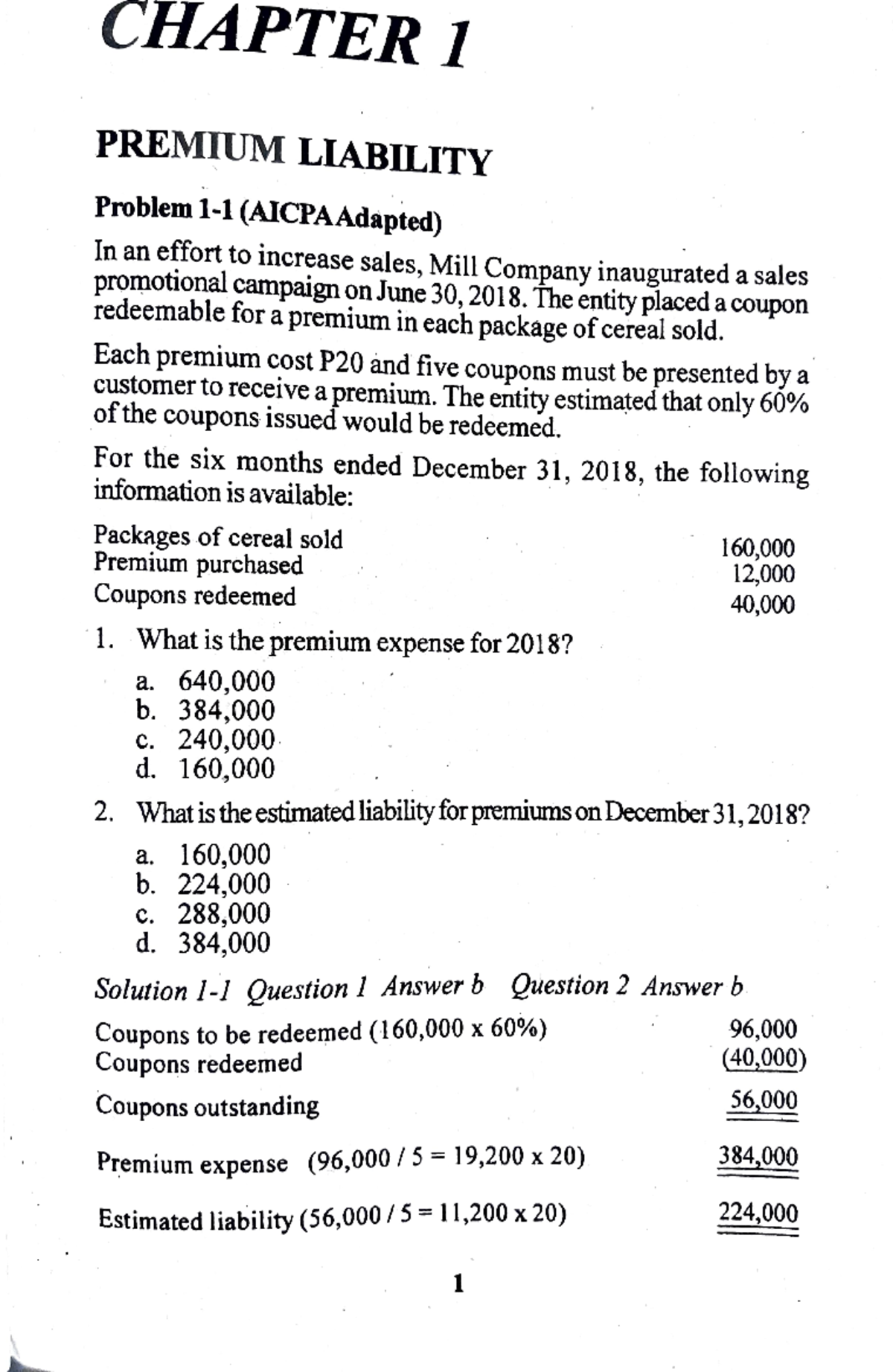 Pdfcoffee.com 1-liabpdf-pdf-free - CHAPTER 1 PREMIUM LIABILITY Problem ...