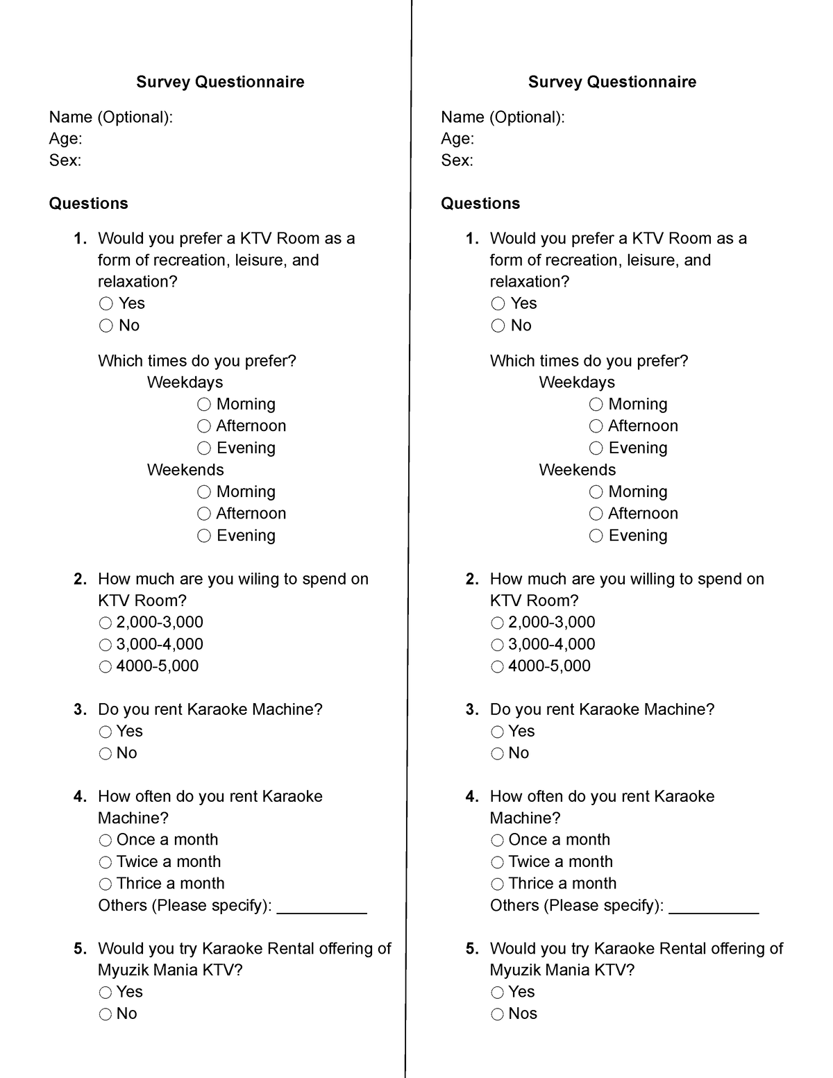 Survey Questionaires Survey Questionnaire Name Optional Age Sex Questions Would You 2379