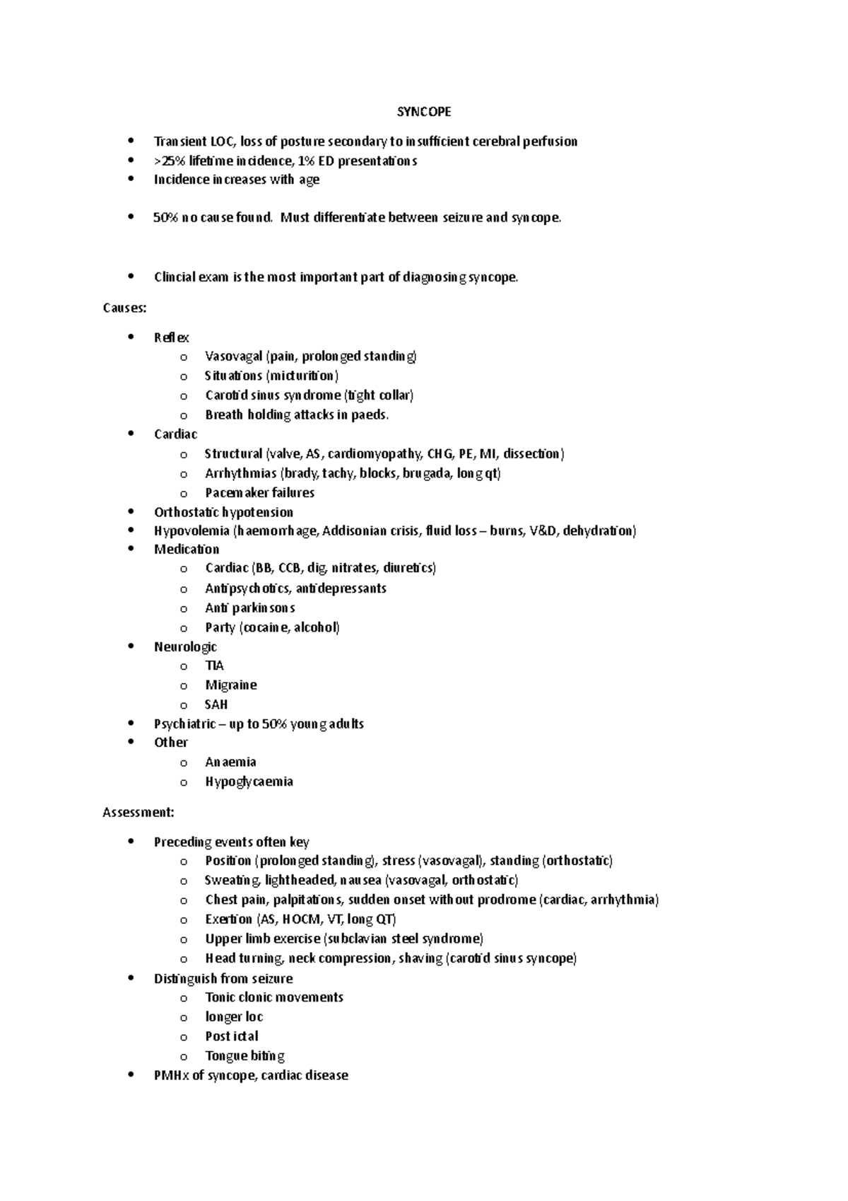 Syncope - Summary of syncopal ECG changes - SYNCOPE Transient LOC, loss ...