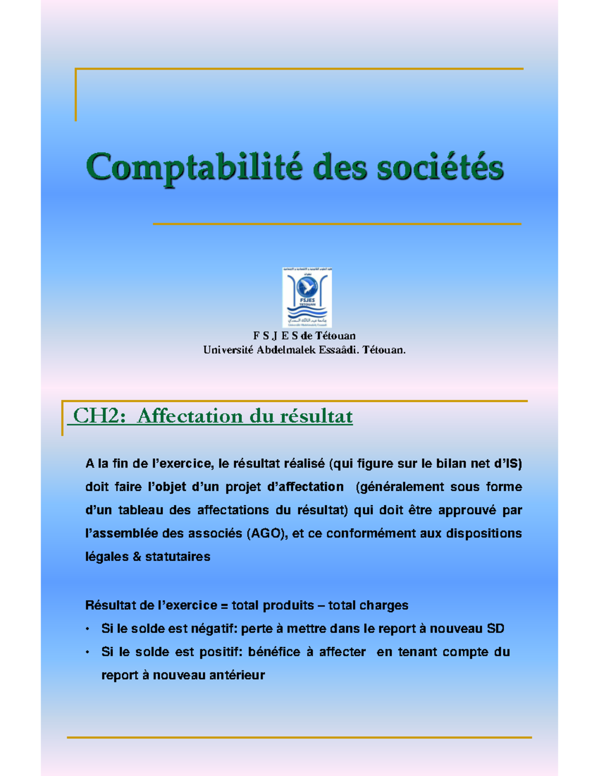 2 Affectation Du Résultat - Comptabilité Des Sociétés F S J E S De ...