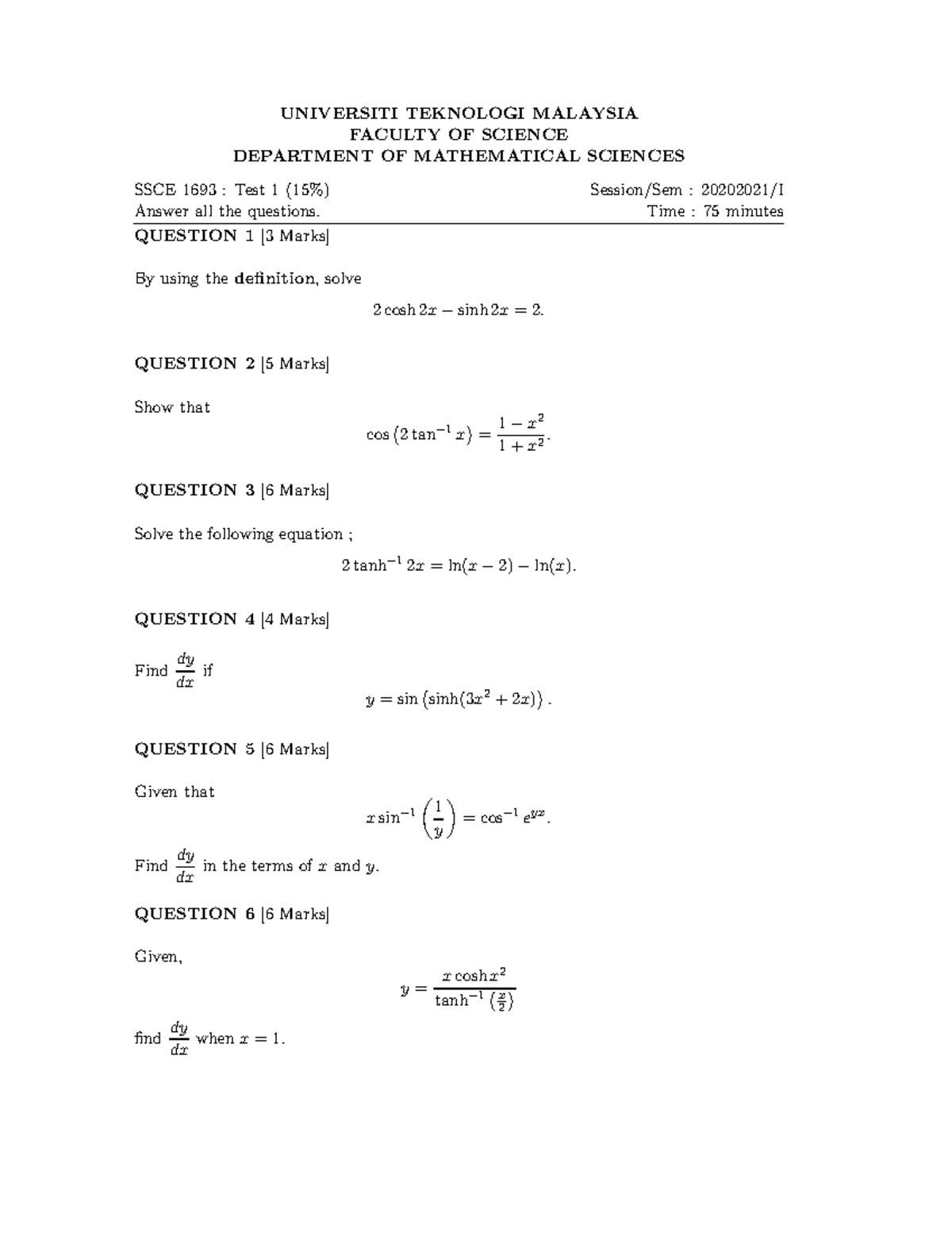 Test 1B _ QUESTION 20/21 - UNIVERSITI TEKNOLOGI MALAYSIA FACULTY OF ...