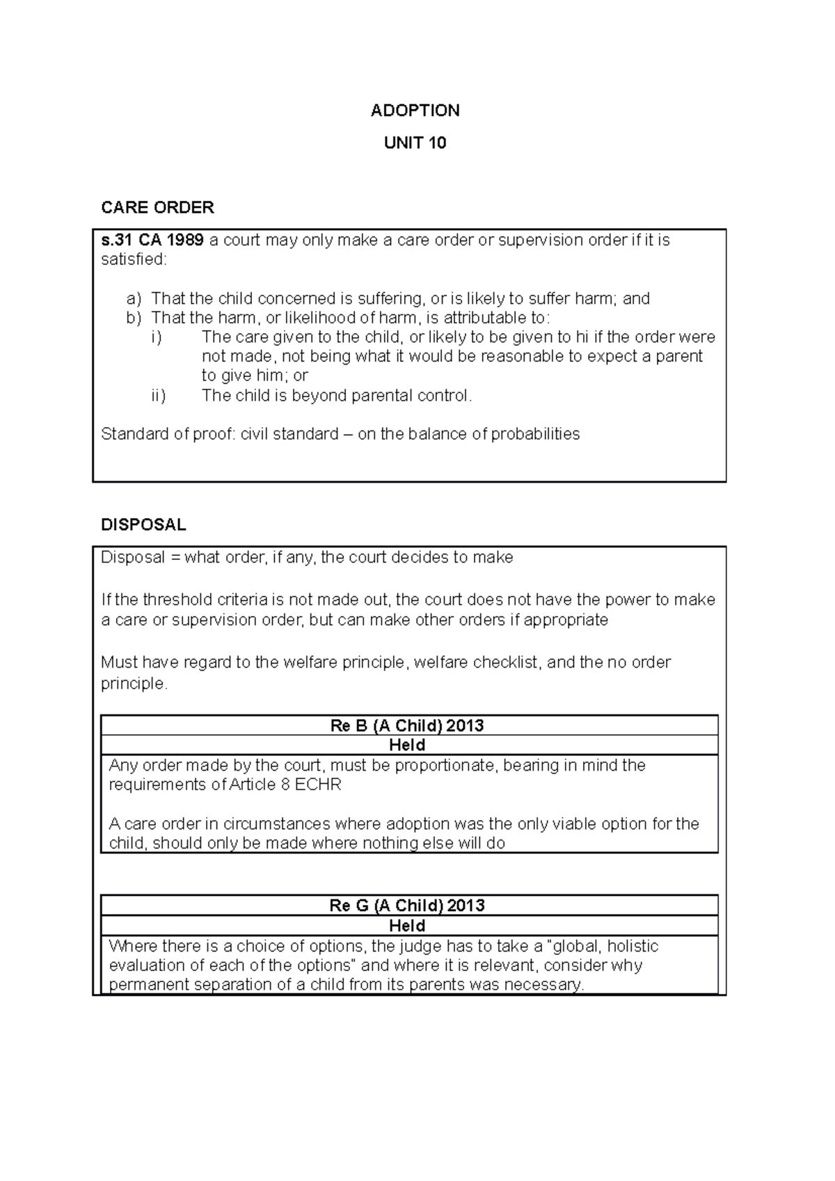 Family condensed notes 10 - ADOPTION UNIT 10 CARE ORDER s CA 1989 a ...