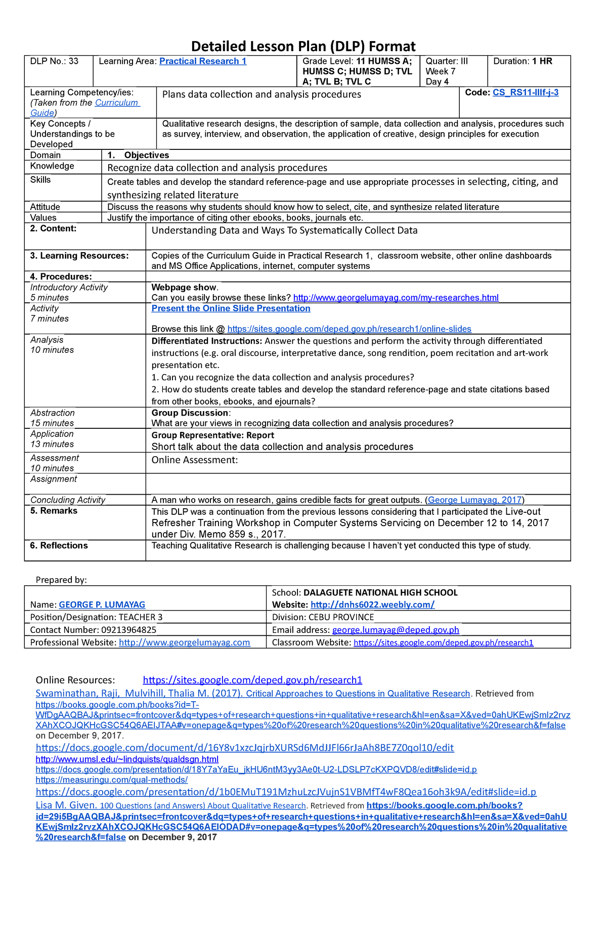 Week 7 Day 4 - Sample - Detailed Lesson Plan (DLP) Format DLP No.: 33 ...