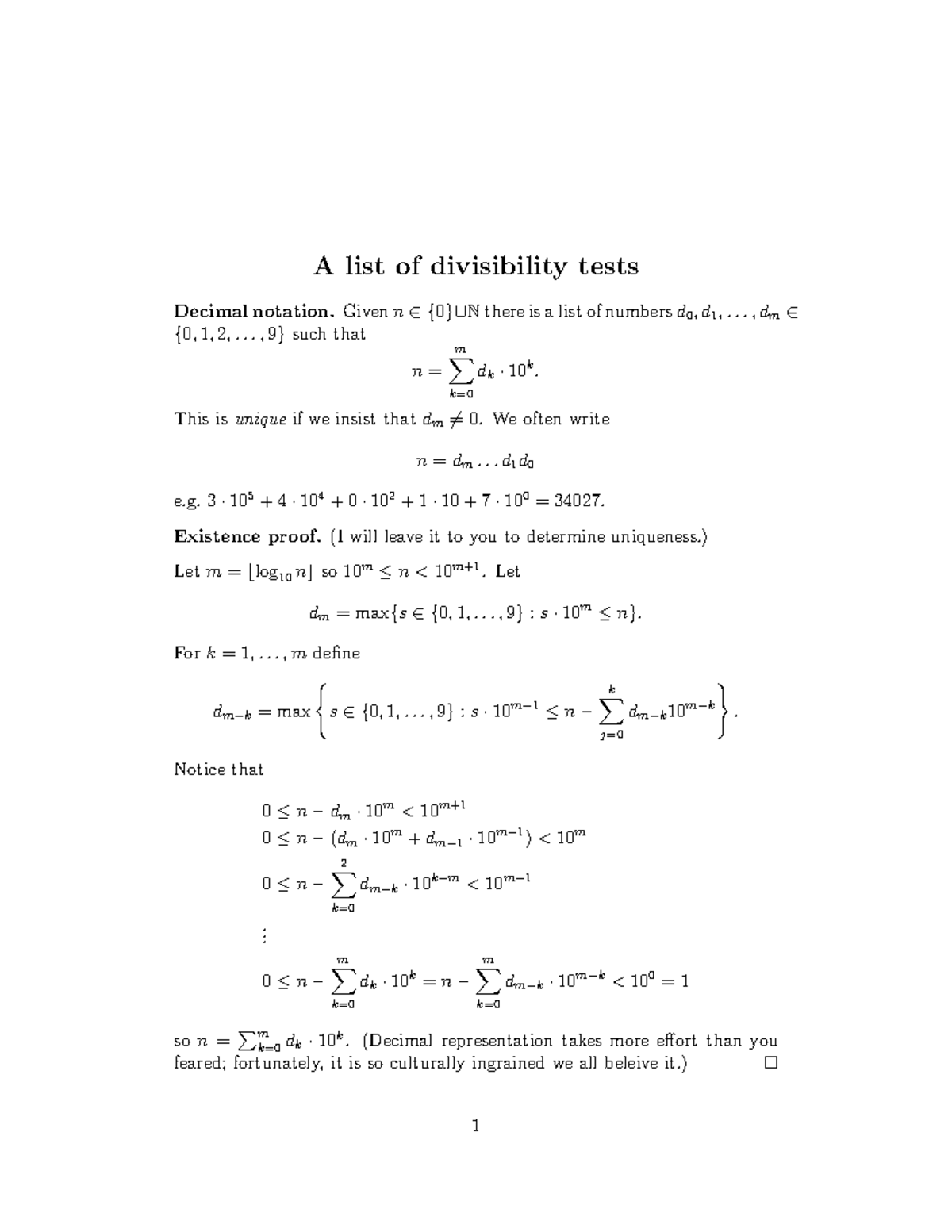 Divisibility tests - A list of divisibility tests Decimal notation ...