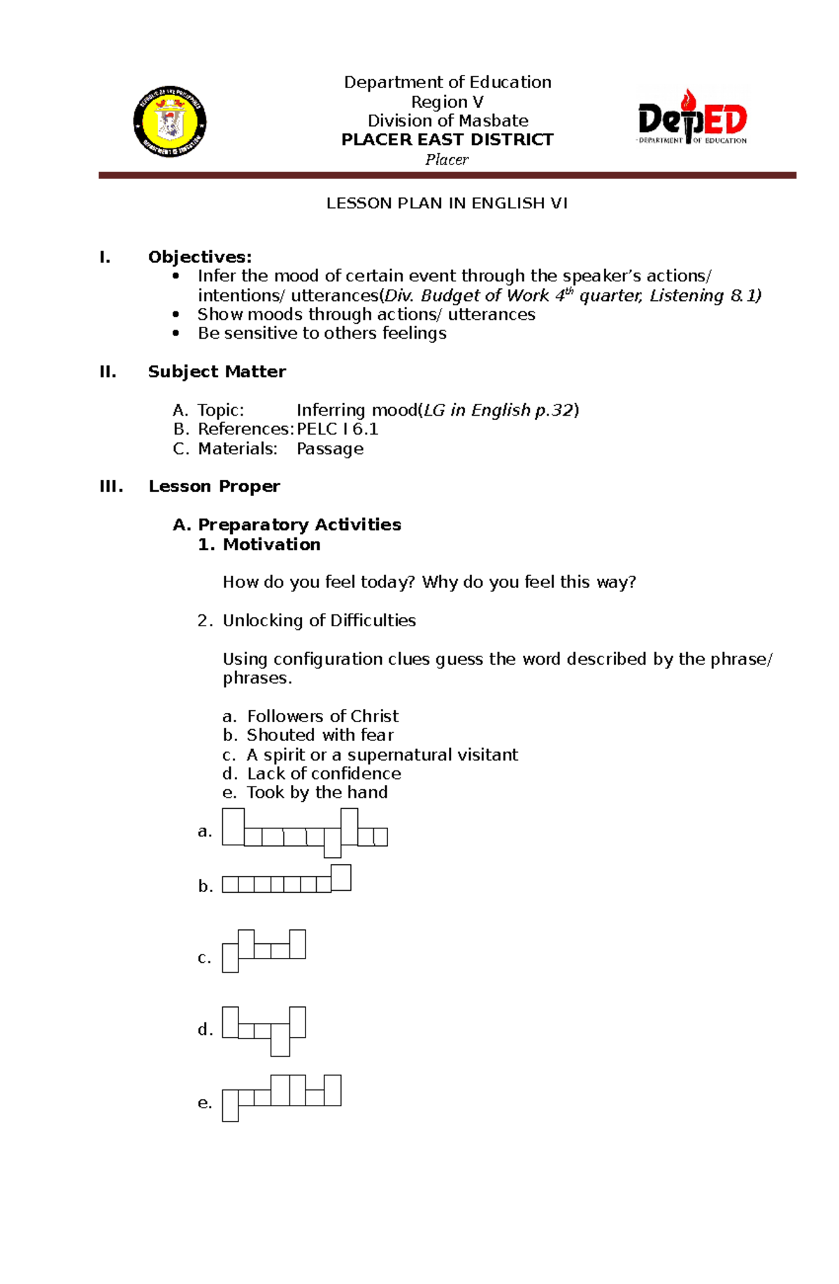 Lesson PLAN IN English VI - Region V Division of Masbate PLACER EAST ...