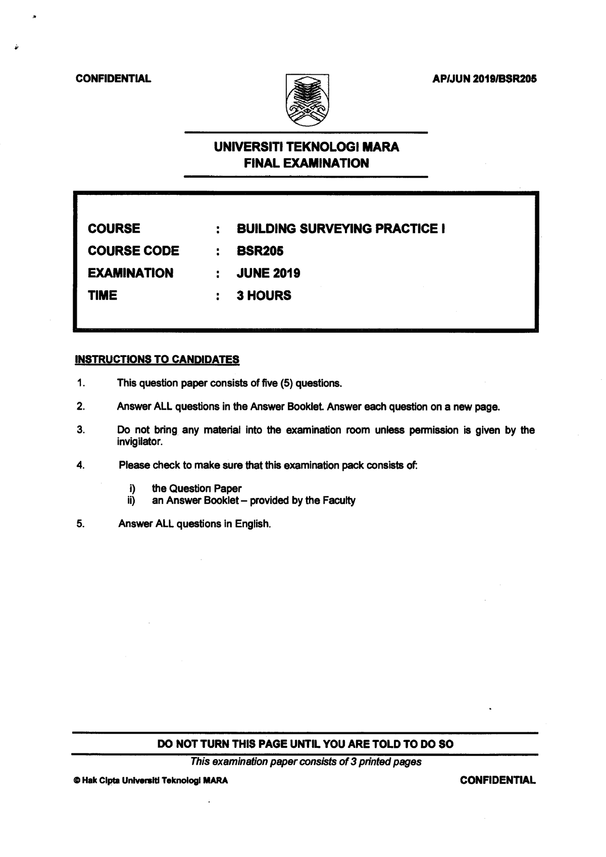 BSR205 - Past Semester Exam Paper - Building Surveying Practice I - Studocu