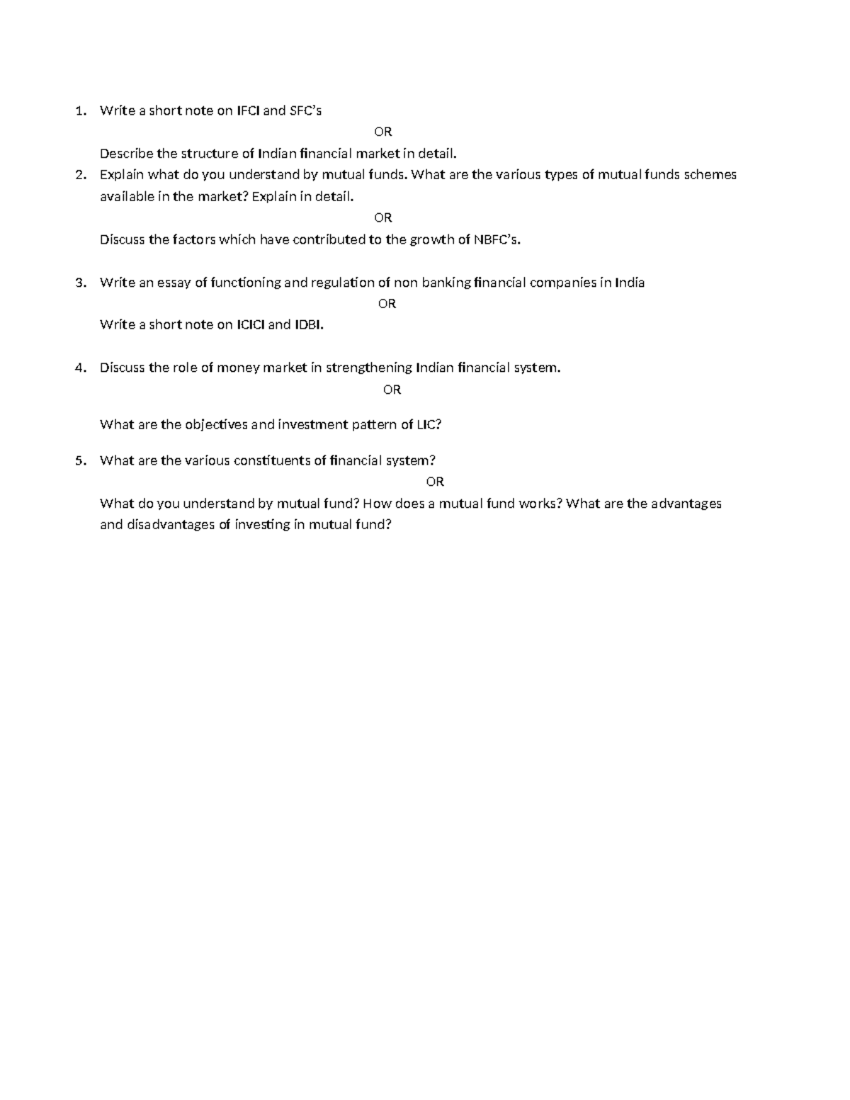 BBA FIM 2 - Questions - Write a short note on IFCI and SFC’s OR ...