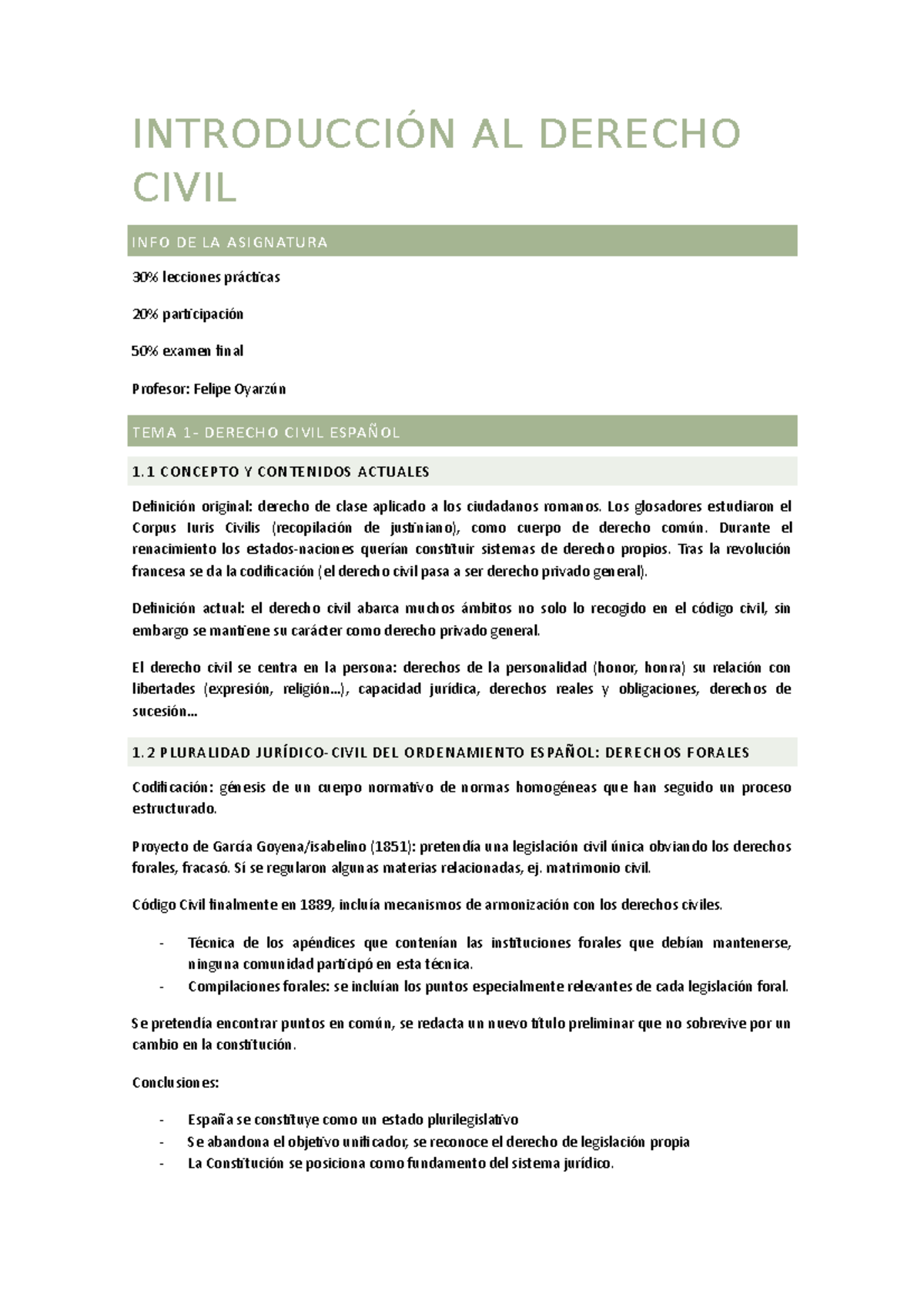 Sesiones - Lecture notes - INTRODUCCIÓN AL DERECHO CIVIL INFO DE LA ...