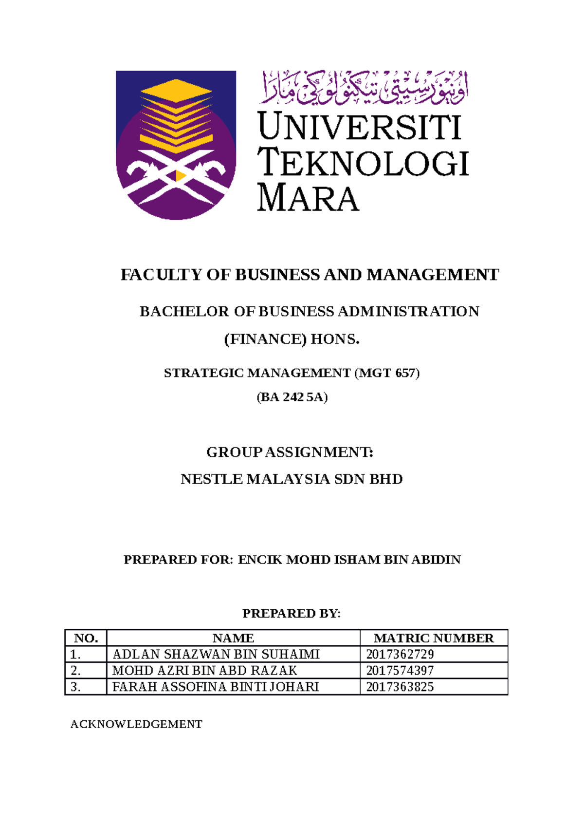 Sm Group Assignment Nestle 1 - Faculty Of Business And Management 