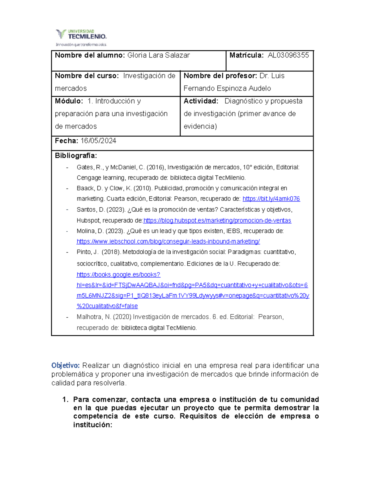 Actividad uno, investigación de mercados - Nombre del alumno: Gloria ...