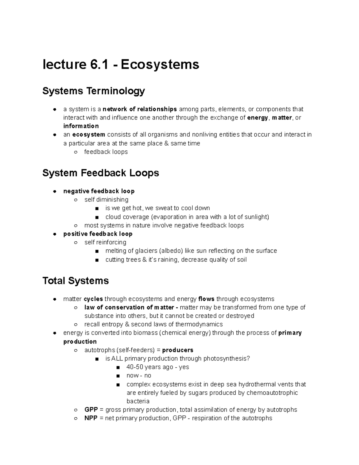 Env 101 - Lecture Notes For Env 101 - Lecture 6 - Ecosystems Systems ...