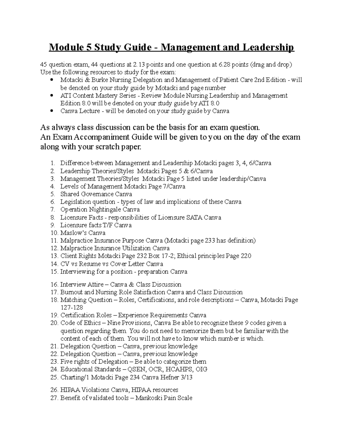 Leadership and Management Study Guide - Module 5 Study Guide ...
