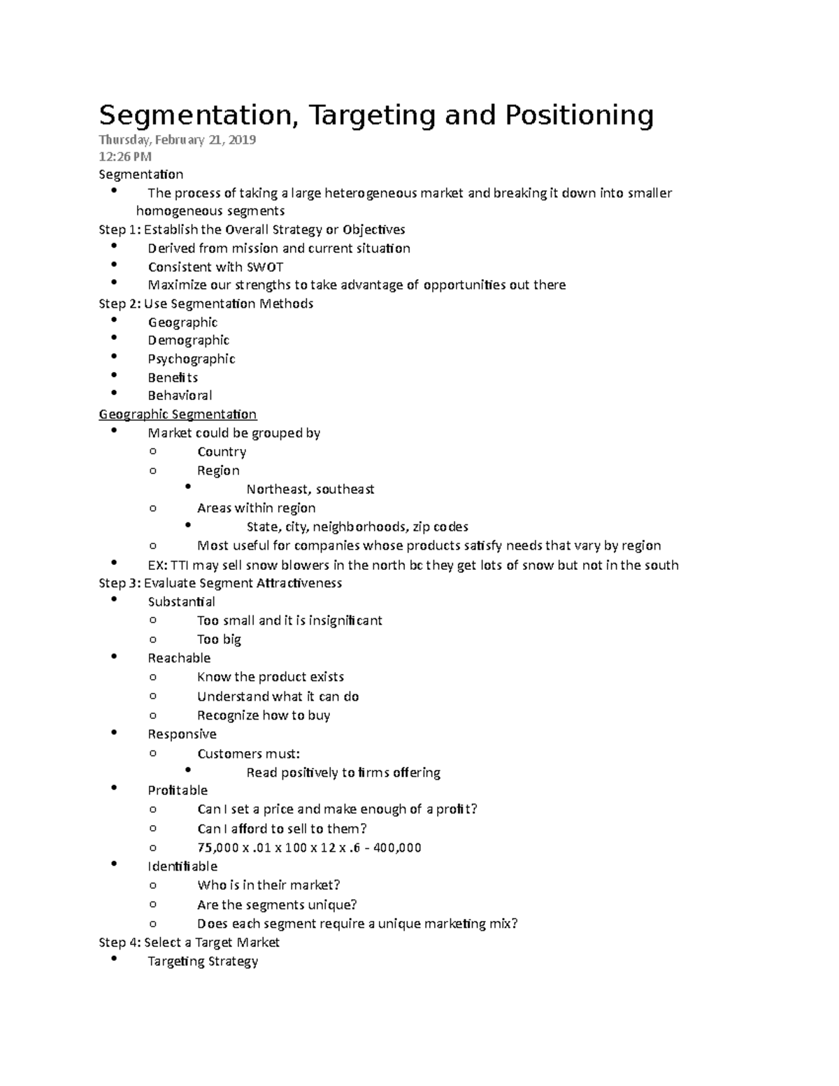 Chapter 9 Notes - Segmentation, Targeting and Positioning Thursday ...