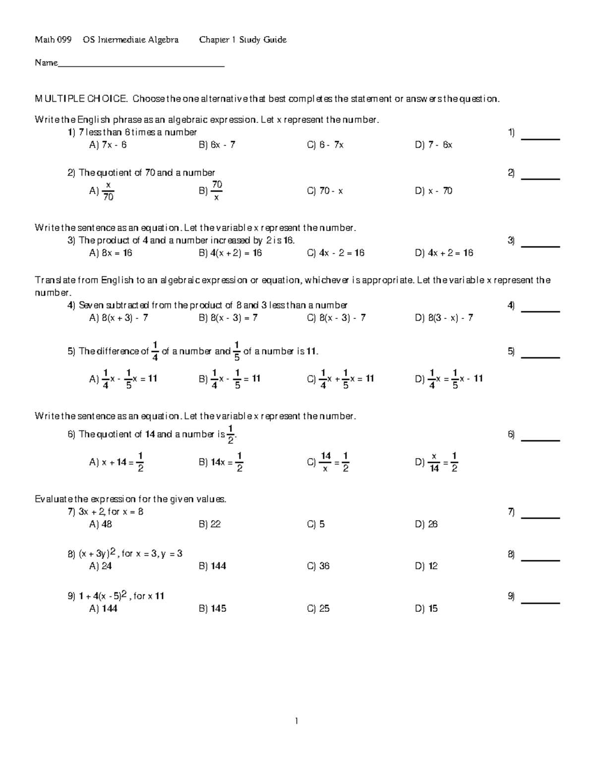 Study guide 1 OS Math 099-1 - Math 099 OS Intermediate Algebra Chapter ...