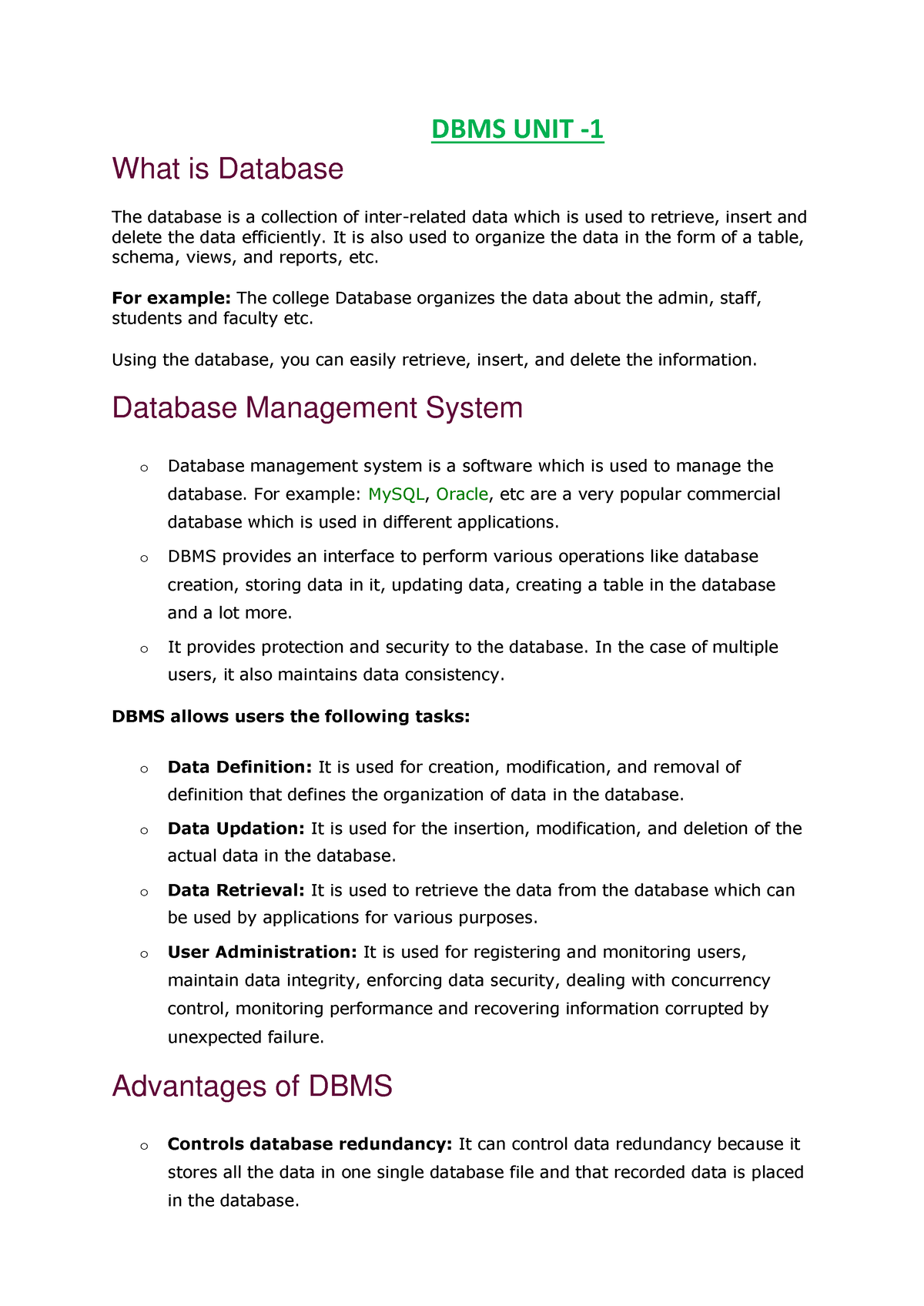 DBMS Unit-1 - DBMS UNIT - 1 What Is Database The Database Is A ...