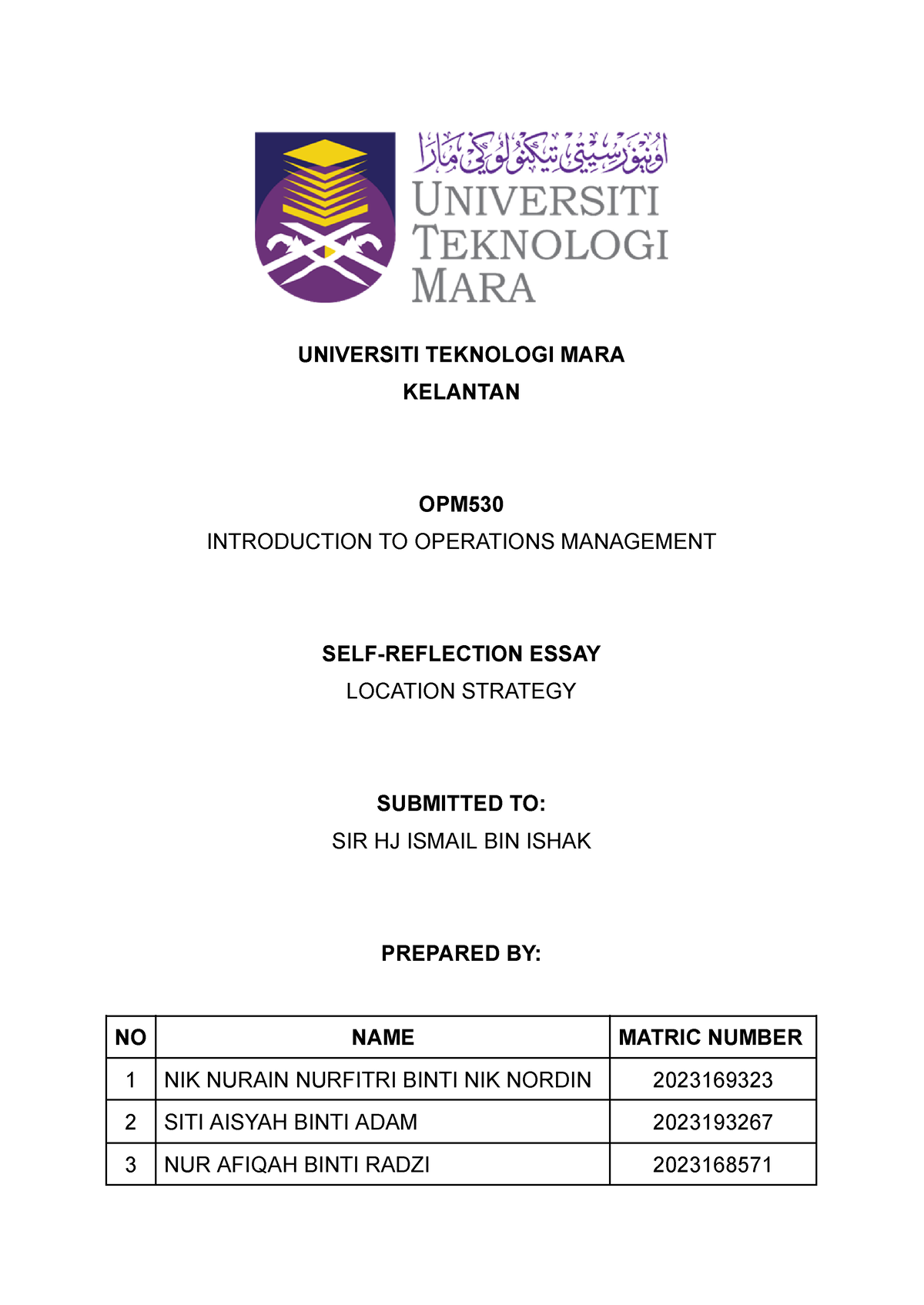 OPM 530 Group Assignment - Operation Management - UiTM - Studocu