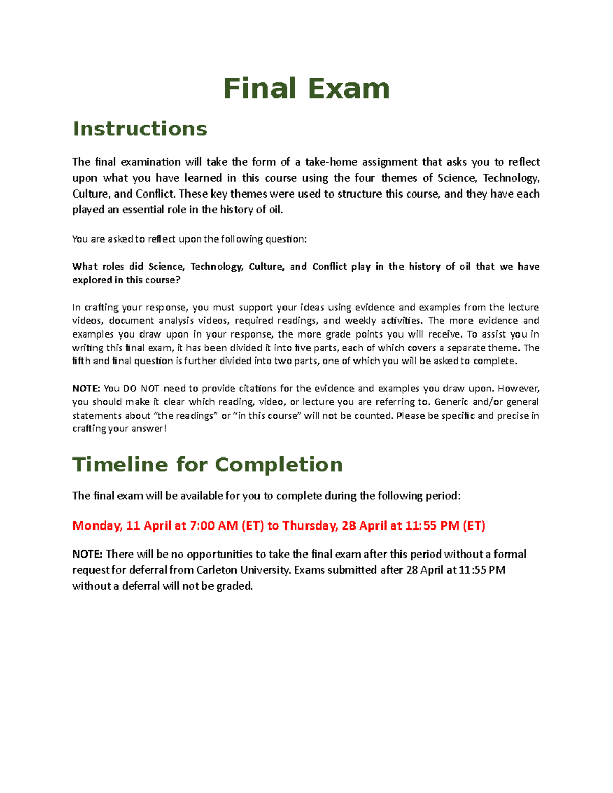 Final Exam Instructions HIST 2913 O Winter 2022 Final Exam