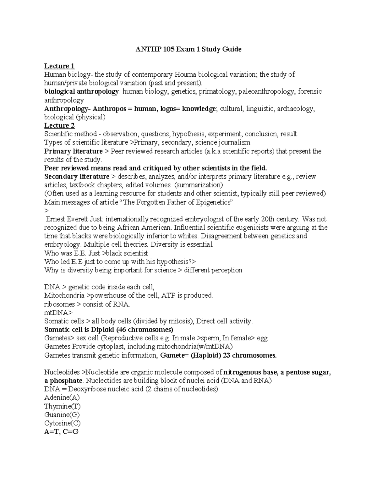 ANTHP 105 Exam 1 Study Guide - ANTHP 105 Exam 1 Study Guide Lecture 1 ...